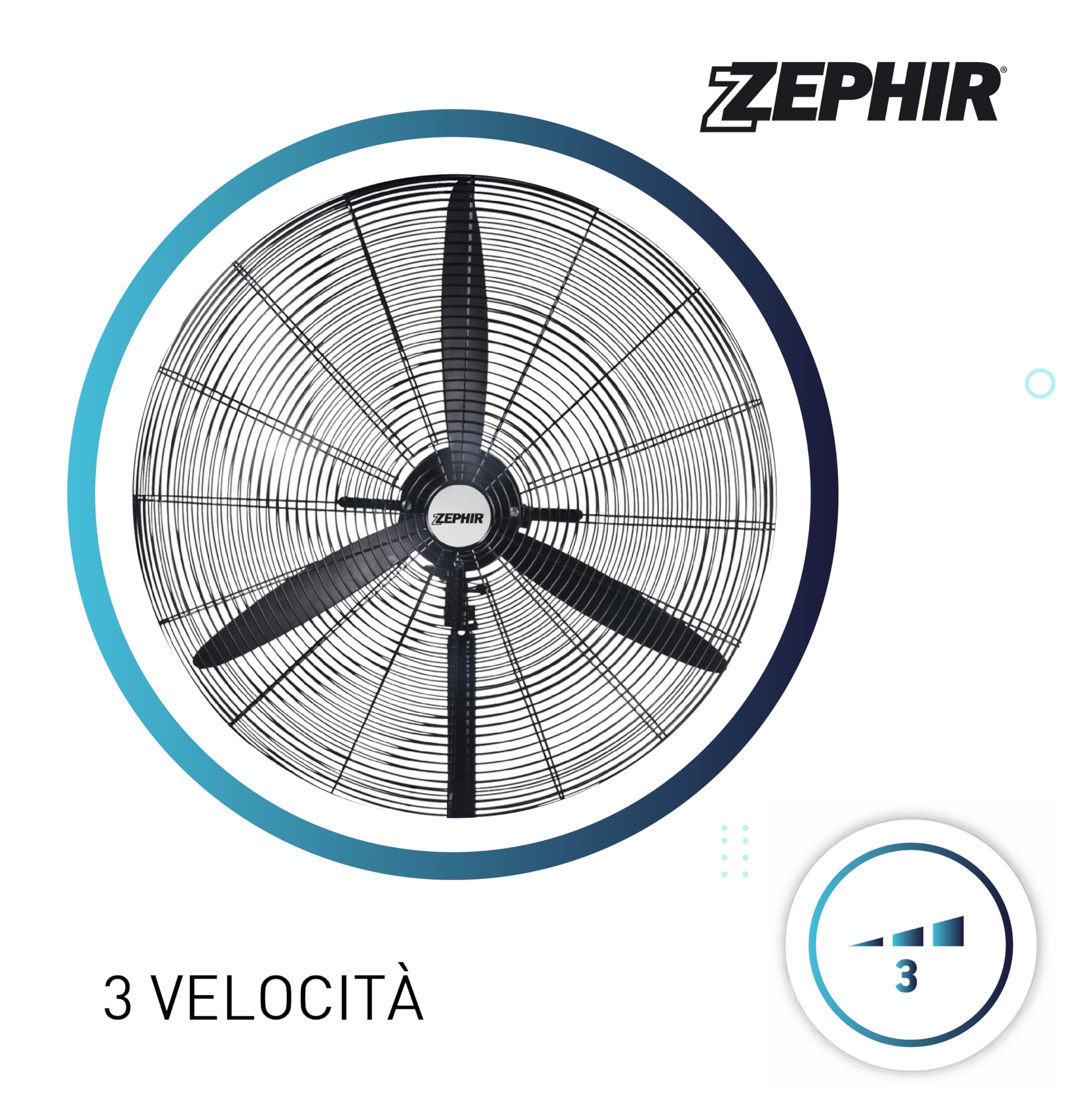 Zephir, Ventilatore Industriale a piantana, Diametro 65cm, 3 velocità, 3 Pale in Alluminio, Oscillazione a 70°, Dispositivo antisurriscaldamento, Altezza max.150cm, Potenza 120W