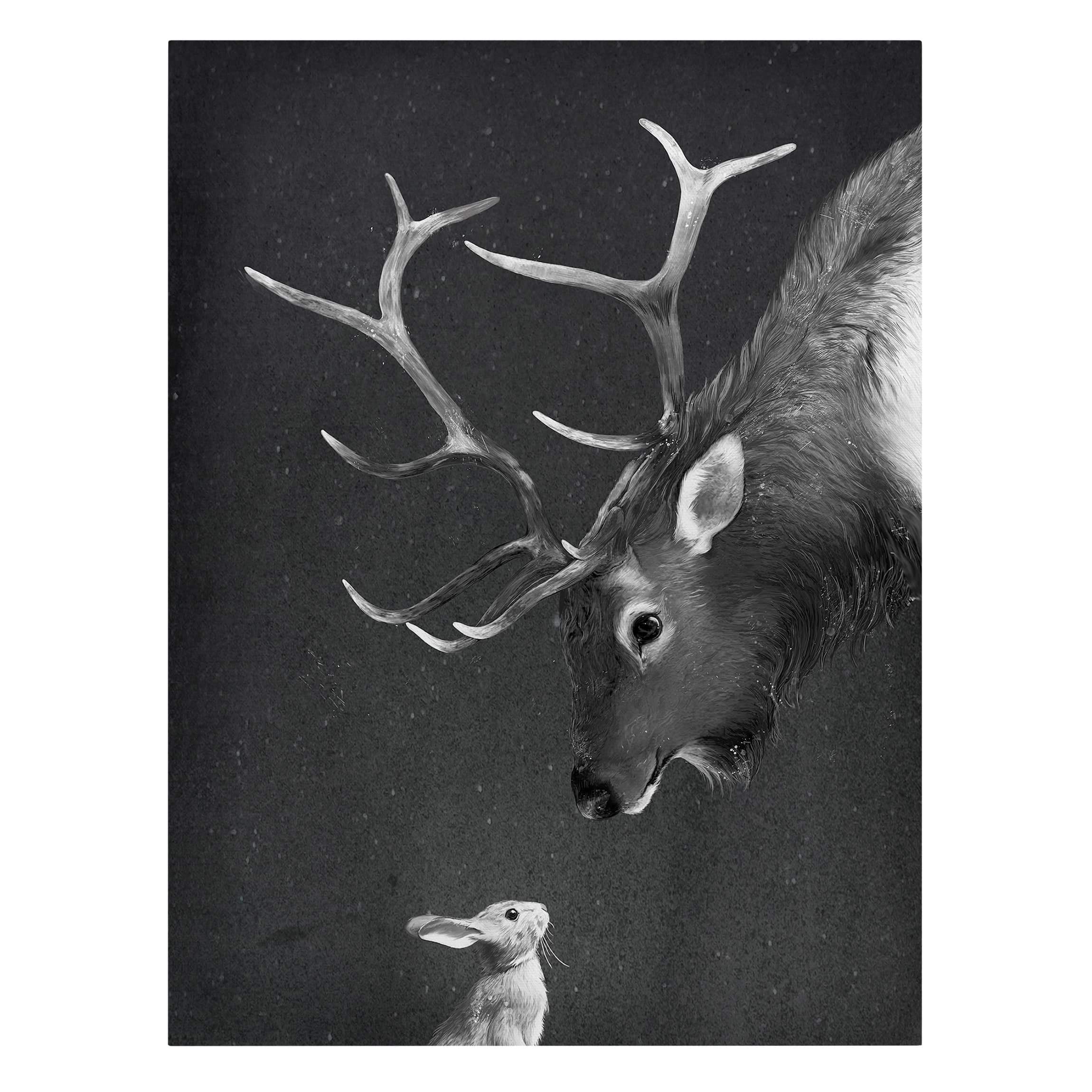 Leinwandbild - Illustration Hirsch und Hase Schwarz Weiß Malerei 80 x 60 cm