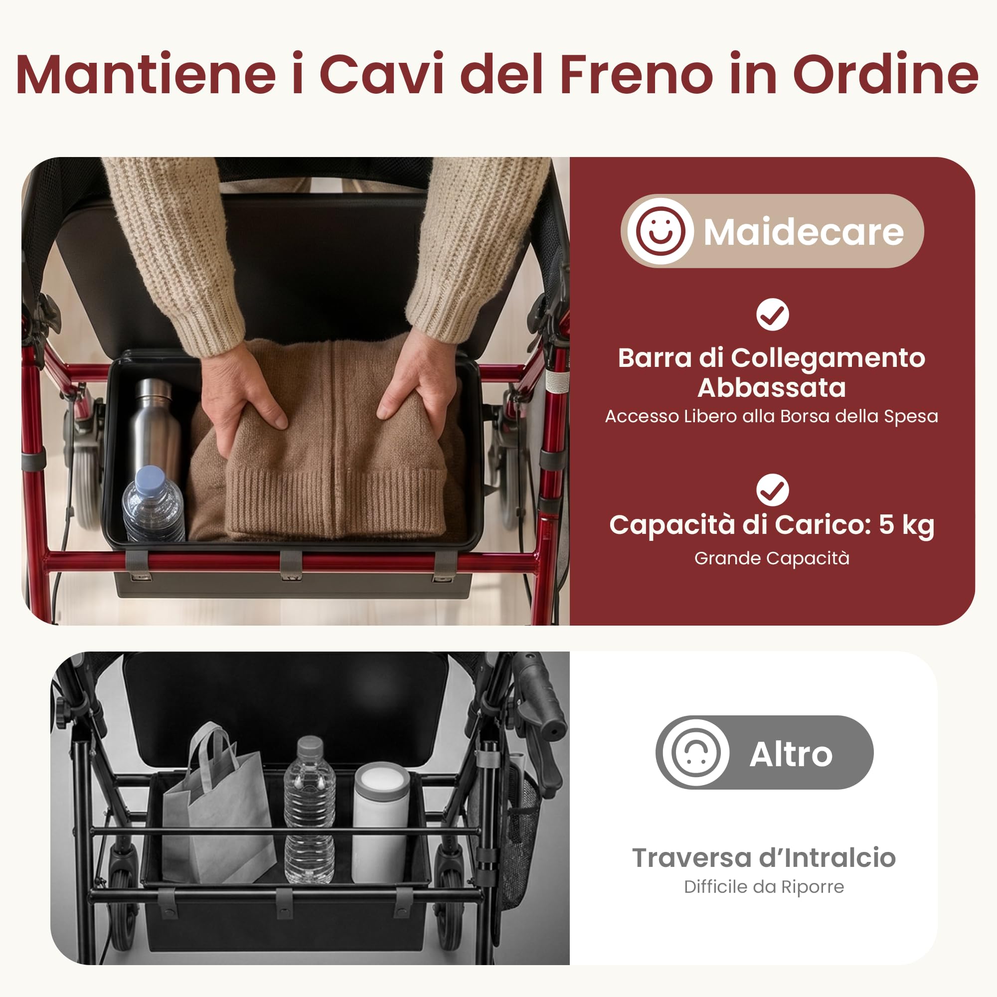 Deambulatore pieghevole e leggero con sedile, deambulatore sottile per casa, deambulatore per anziani, con sedile e maniglia regolabili in altezza, con freno, cestino rimovibile, rosso