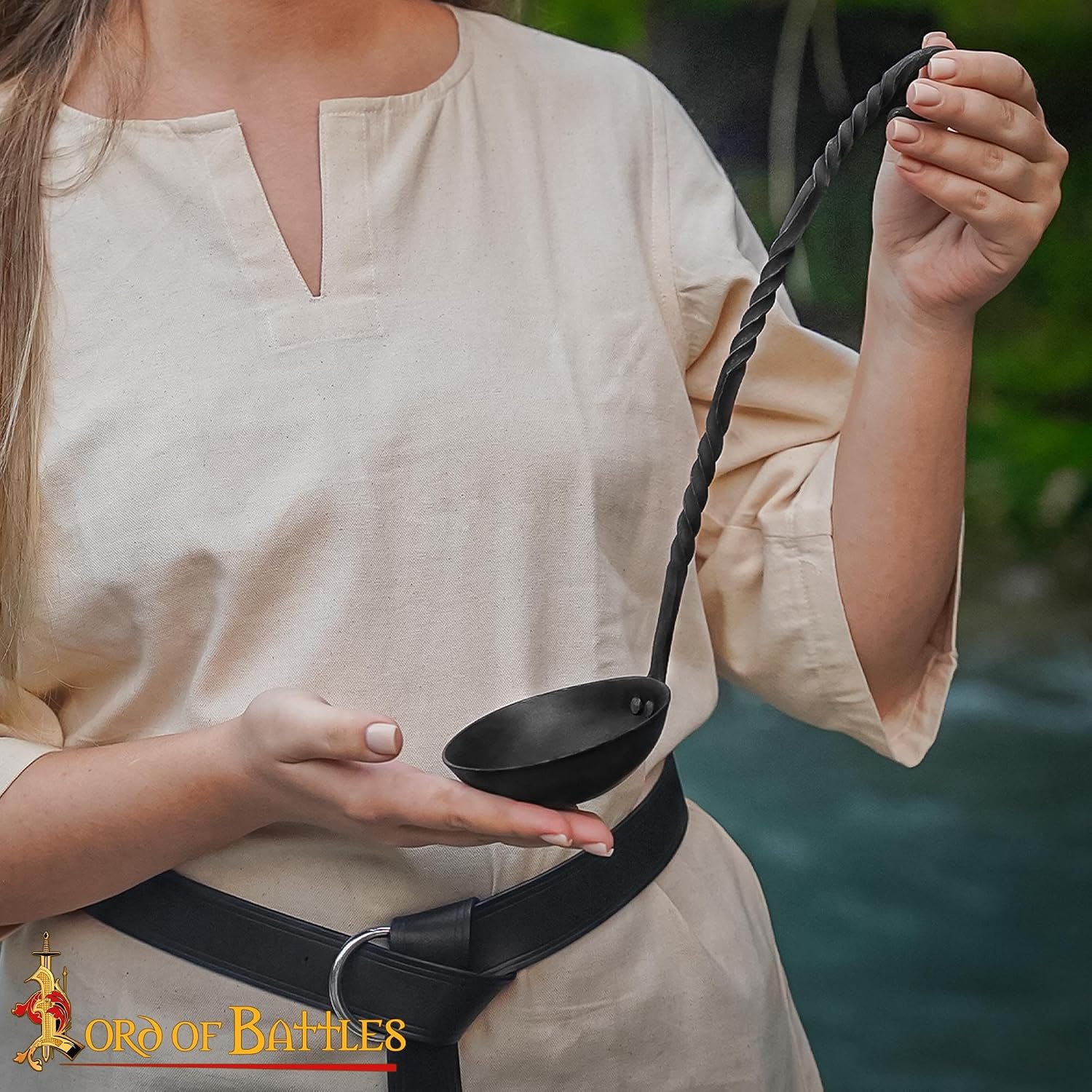 Lord of Battles Hand Forged Iron Ladle - 11 inch Twisted Handle Cooking Ladle, Rustic Medieval Style Serving Spoon for Kitchen, Campfire & Decorative Use