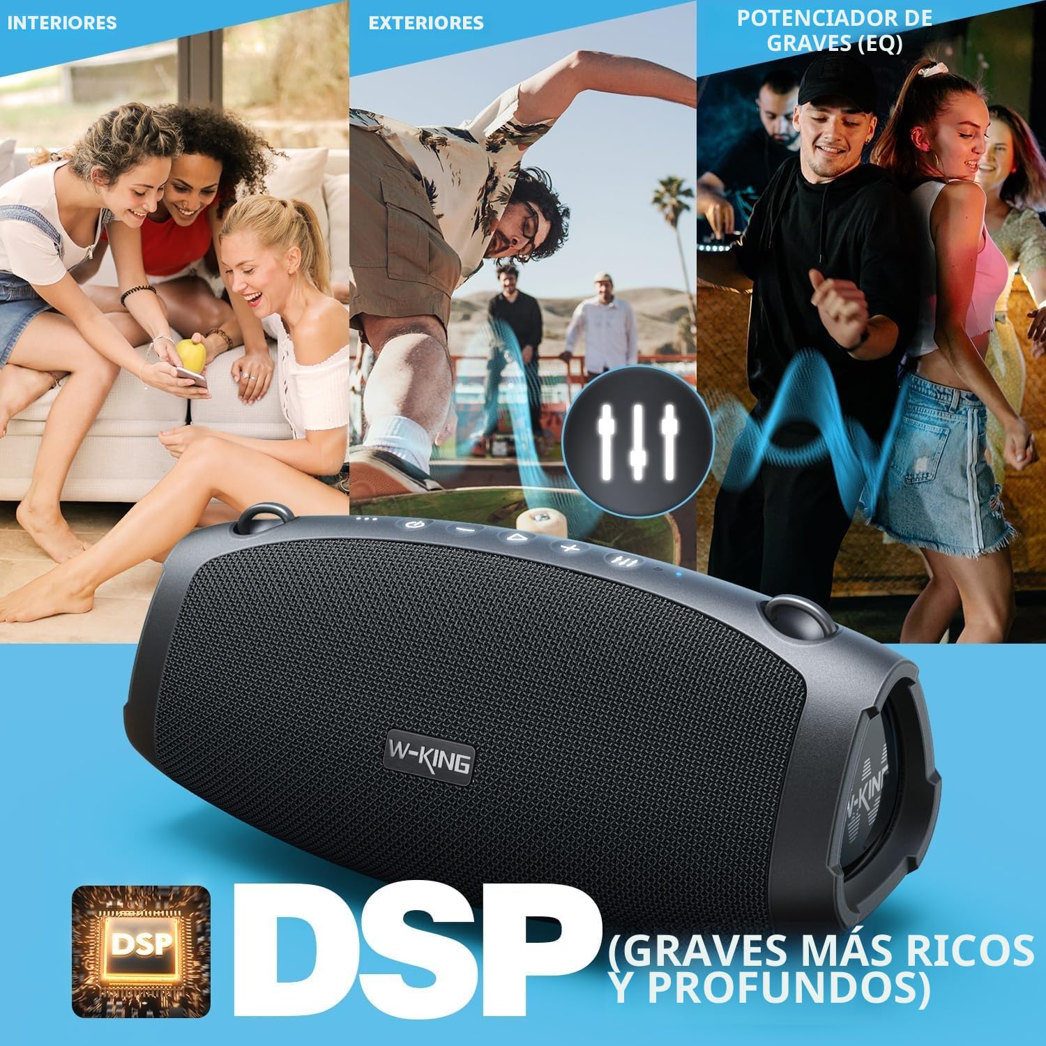 W-KING 120W PICO Altavoces Bluetooth Grande Portátiles con Super Bajo, 70W RMS Impermeable Speaker de Inalámbrico para Fiesta, Radiadores Pasivos Triples, HIFI/42H/DSP/TF/AUX/EQ/PowerBank/abridor(X10)