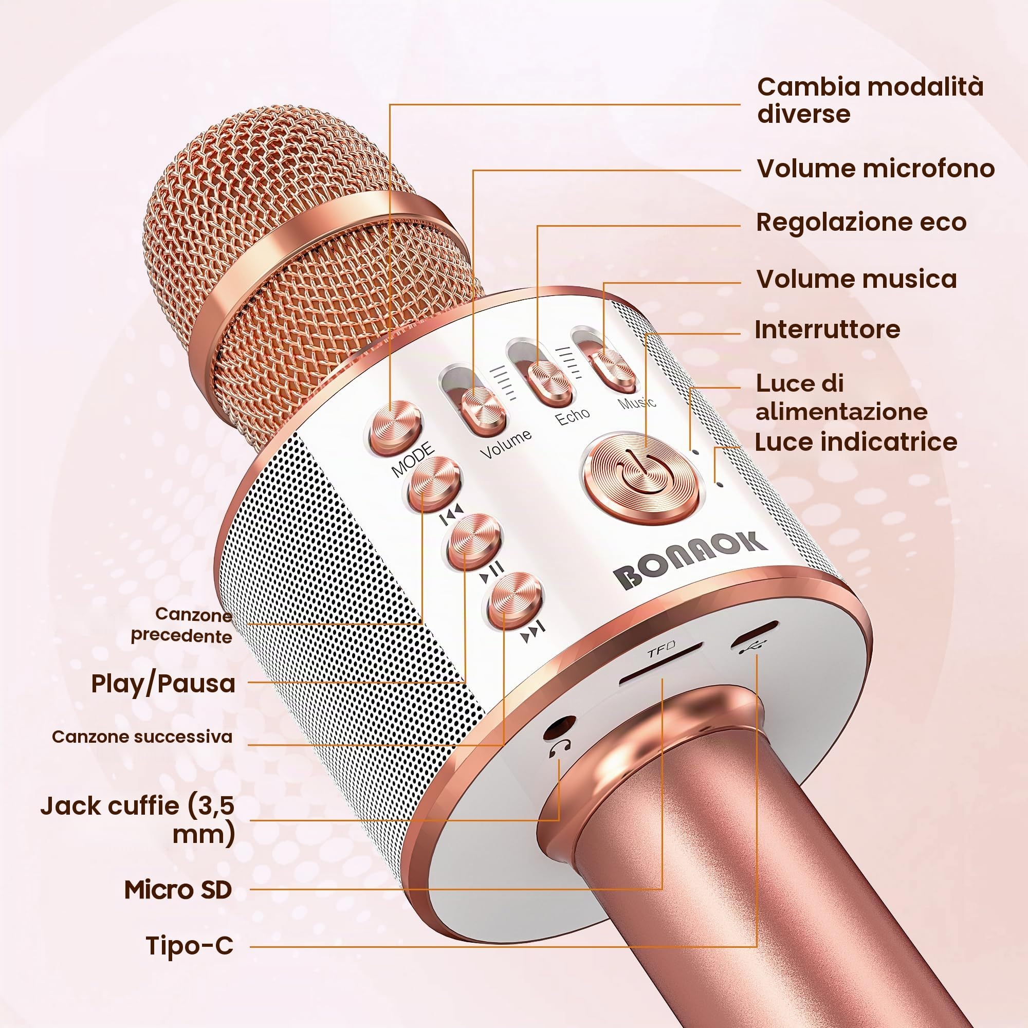 BONAOK Microfono Karaoke Wireless Bluetooth 3-in-1 Palmare Portatile Altoparlante Regalo Compleanno iPhone Android iPad PC Oro rosa