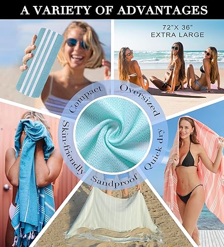 Miniatura 2 de Paquete de 2 toallas de playa turcas de algodón, compactas, de gran tamaño, sin arena, de secado rápido, liquidación fina, de lujo, mejor lino