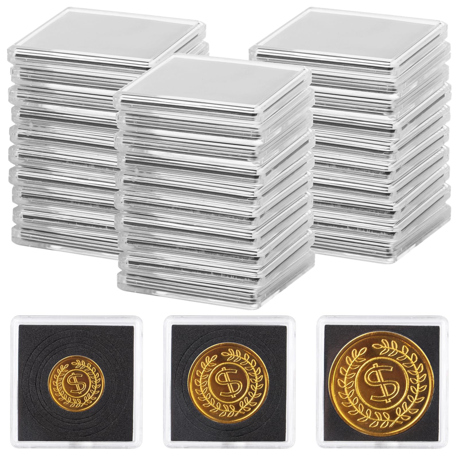 Coin Snap Holders, 30 Pcs Silver Gold Coin Holders, Clear Small Plastic Holders for 0.83-1.57" Dollar Euro Morgan Coins Cent, Acrylic Storage Case Box for Individual Coin Collection Supplies
