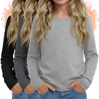 3 Pack Girls Kids Thermal Long Sleeve Shirts Crew Neck Tops Fleece Lined Undershirt Winter Base Layer Basic Tees