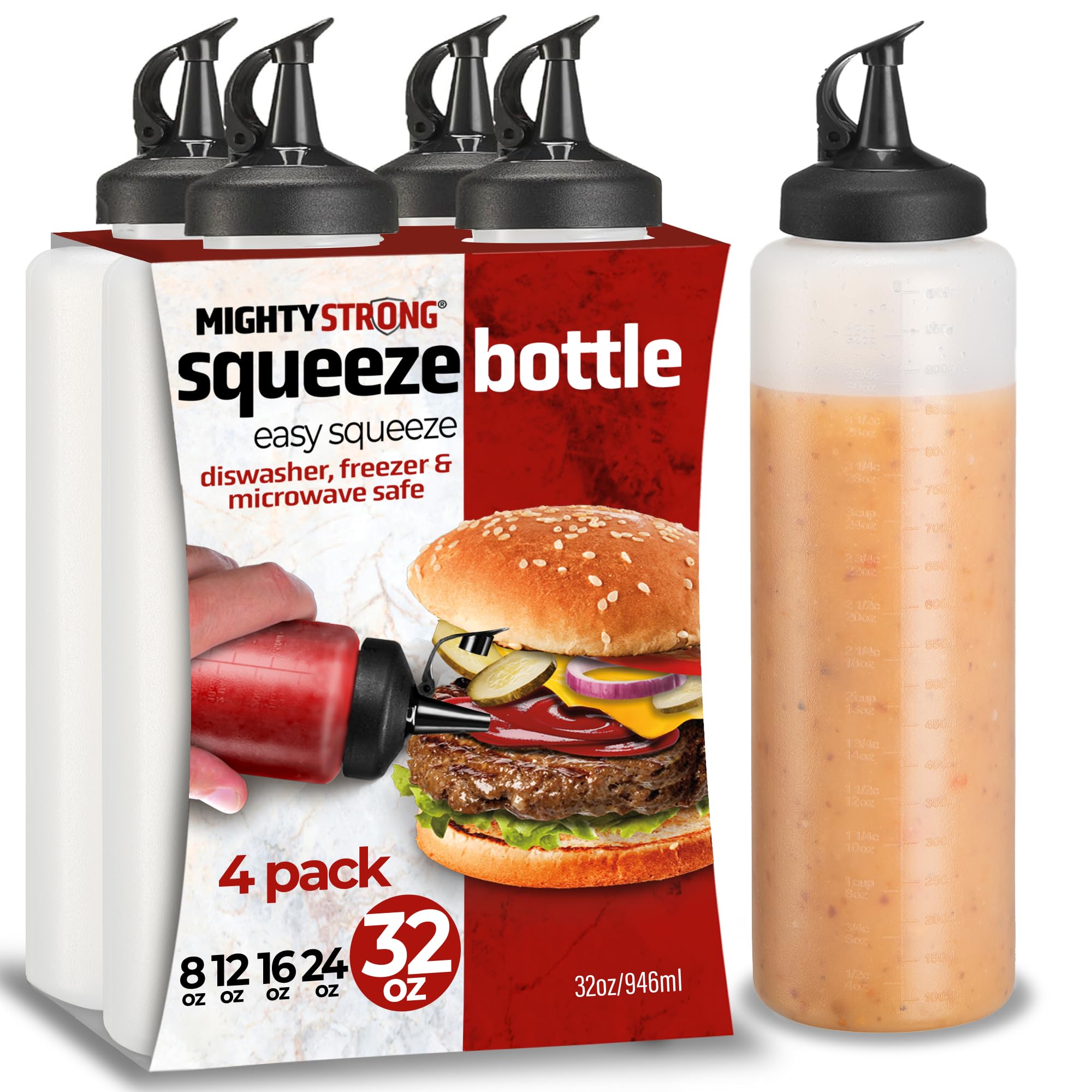MIGHTY STRONG Paquete de 4 botellas exprimibles de condimentos de 32 onzas, botellas de salsa fáciles de verter con tapa a prueba de fugas, botellas de plástico para salsas, botellas de condimentos,