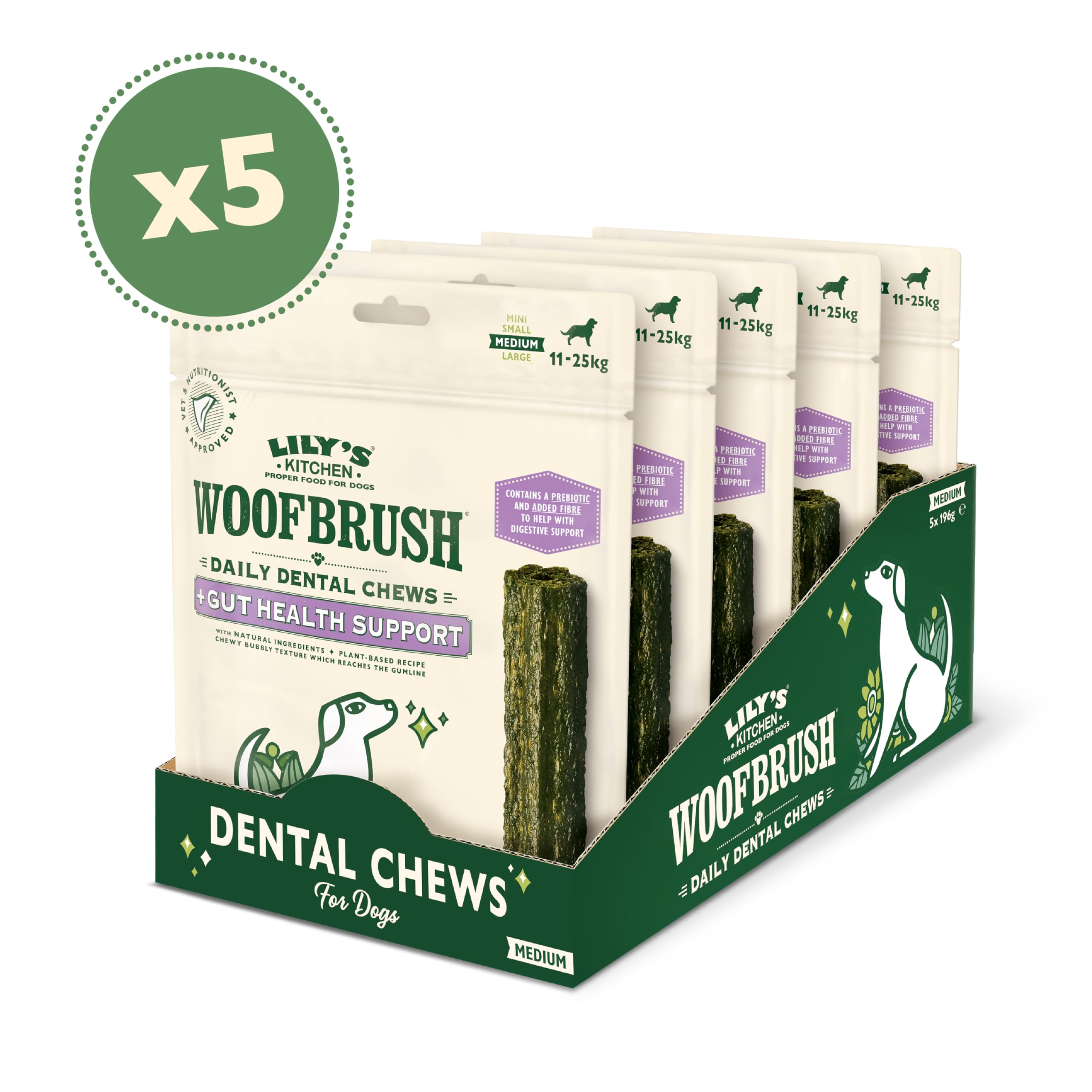Lily's Kitchen Woofbrush Bâtons dentaires à mâcher avec santé intestinale pour Chiens de Taille Moyenne 35 x 28 g