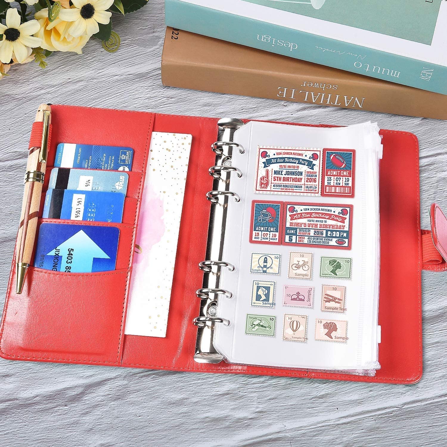 JFDBGU A6 Tasche for raccoglitori in plastica con Copertura del Raccoglitore for Notebook in Pelle, a 6 Anelli Bilanke Binder di Busta con Cerniera a Foglia Sciolta