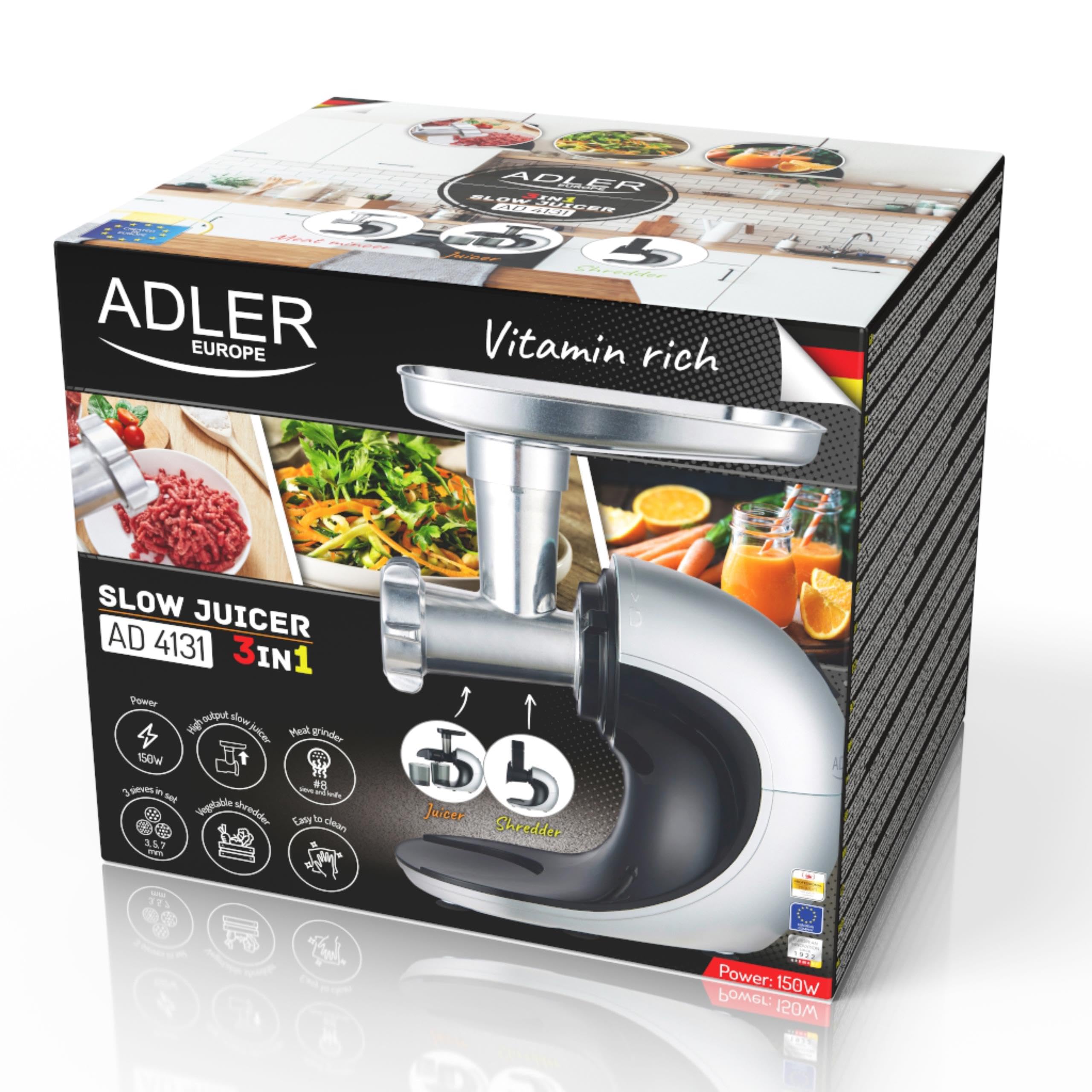 ADLER EUROPE AD 4131 Wyciskarka wolnoobrotowa 3w1, sokowirówka do warzyw i owoców, maszynka do mięsa, tarka do warzyw, łatwa do czyszczenia