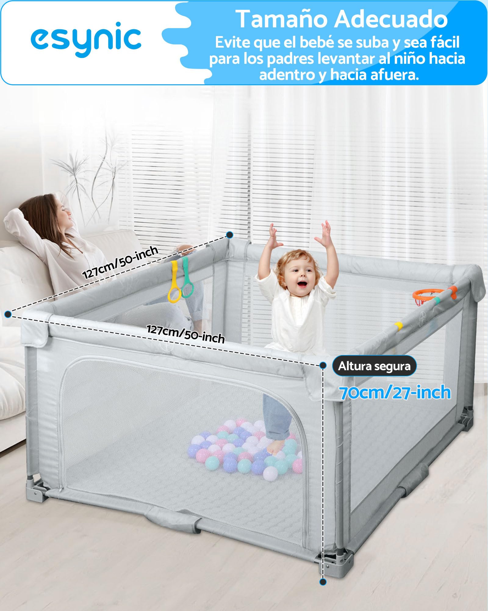 eSynic Corralito Bebé Portátil 127x127cm, Parque Infantil Plegable con Alfombrilla + 50 Bolas, Canasta Baloncesto, Malla Transpirable, 4 Agarraderas y Bolsa Transporte - Juegos Seguros para Bebés