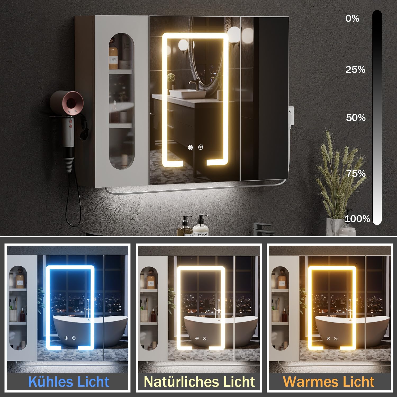 Spiegelschrank Bad mit Beleuchtung und Antibeschlag Funktion Hängender Badezimmer Spiegelschrank mit Steckdose (2*AC + 3*USB) und 3 Freistehende Staufächer für Badezimmer,80x60x16 cm