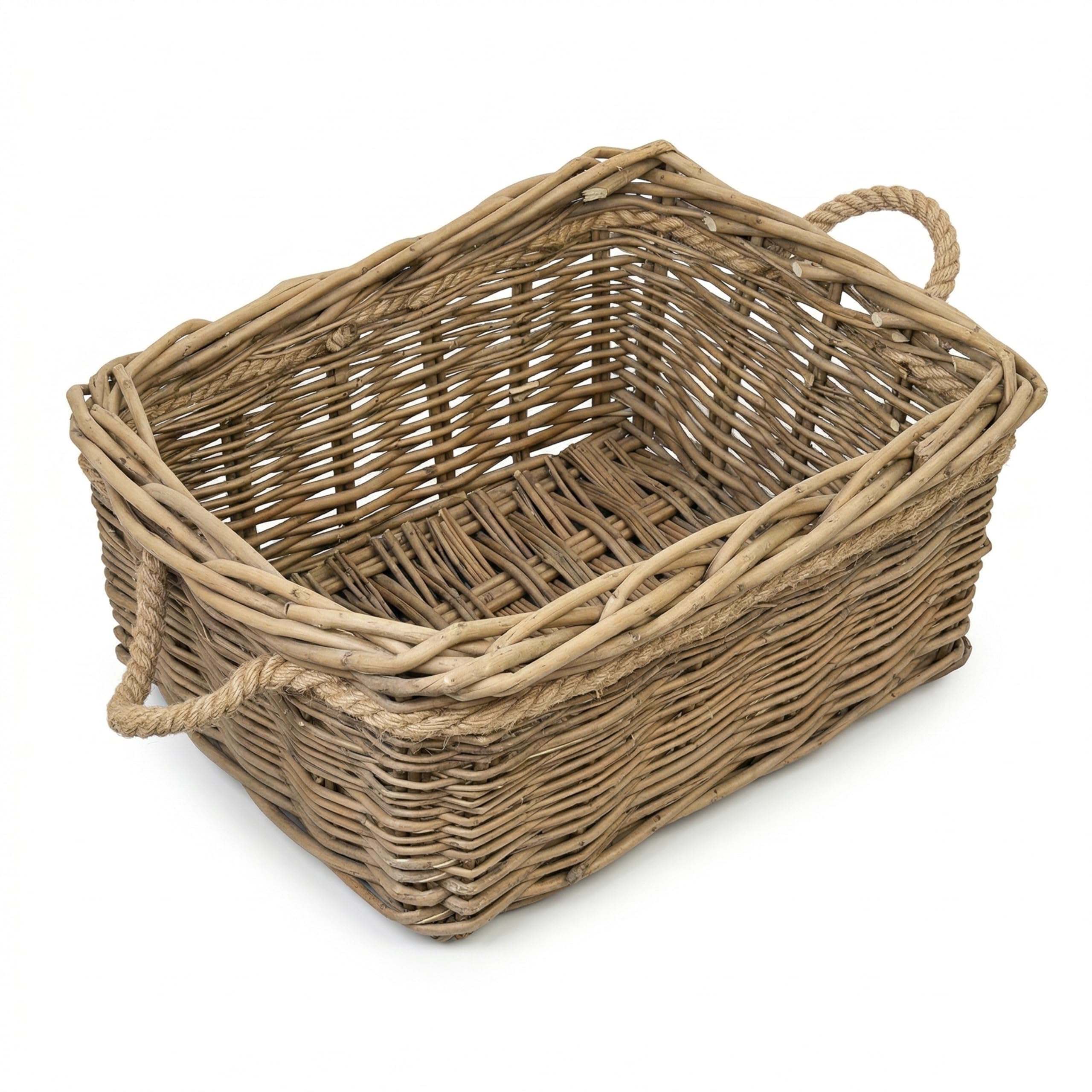Wickerfield Natural Rectangular Wicker Log Basket, Log Baskets For Wood Burner Indoor & Fireplaces, Large Wicker Storage Basket With Rope Handle, Wood Baskets For Logs (Large)