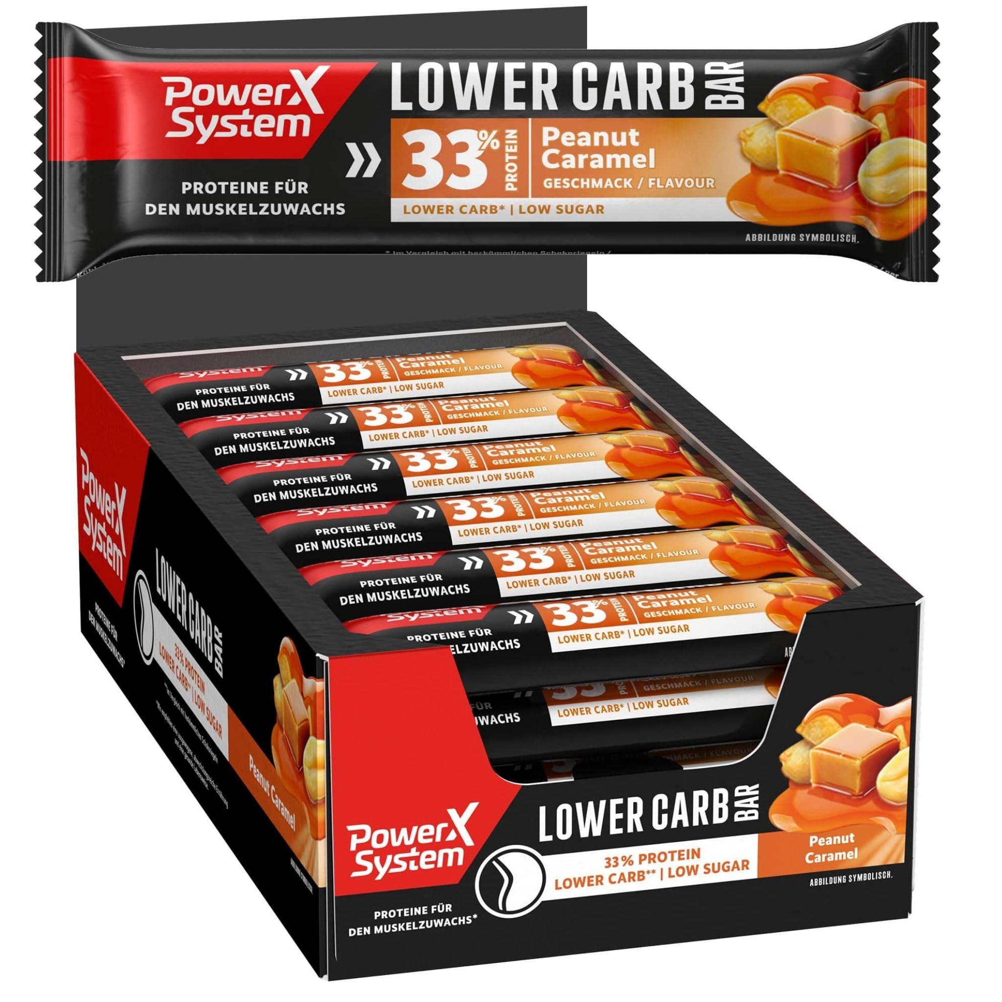 Power System Lower Carb Bar Peanut Caramel, 33% Protein, 18 x 45 g