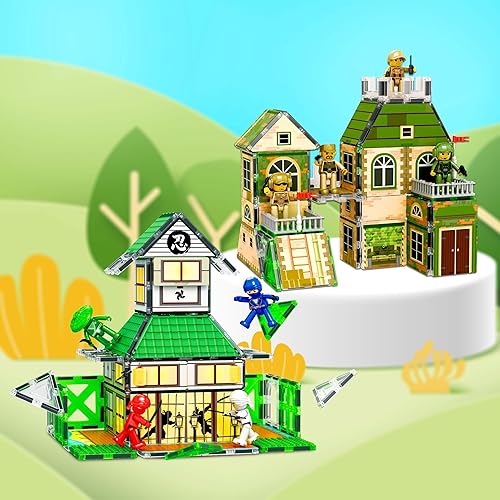 Miniatura 2 de PicassoTiles Bloque de construcción de azulejos magnéticos, diseño de ninja y tropa, impresiones de doble cara 2 en 1 con 8 figuras de personajes,