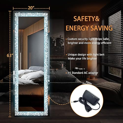 Miniatura 2 de Hasipu Espejo de longitud completa de 63 x 20 pulgadas con luces y diamante de cristal, espejo de diamante colgante para colgar en la pared,