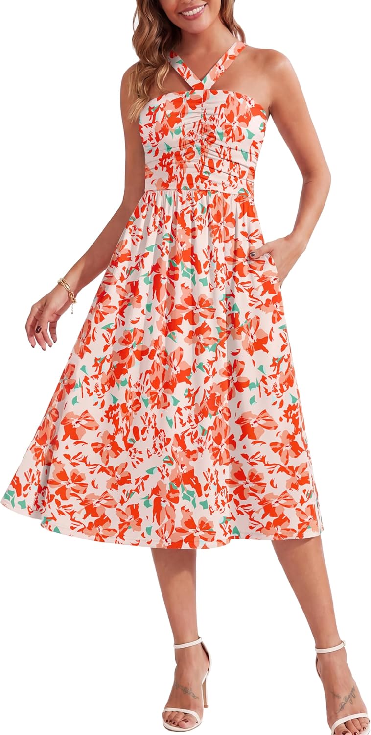 Zattcas Womens 2026 Summer Criss Cross Ruched Halter Midi Dress Flowy A Line Beach Long Floral Sundress with Pockets