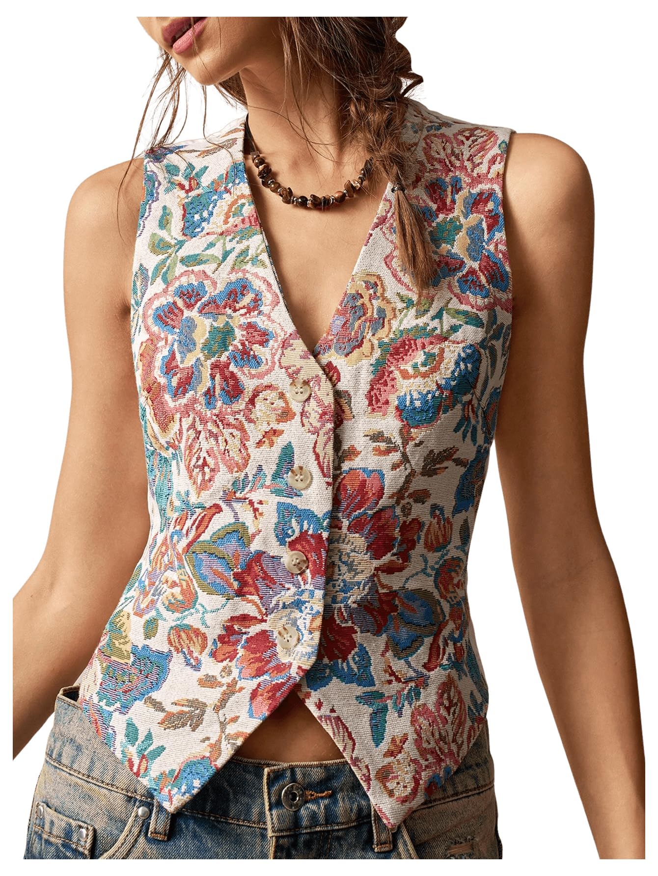 GORGLITTER Womens Floral Jacquard Boho Vest Blazer Western Sleeveless Button Up Cardigan Cowgirl Outfits 2025