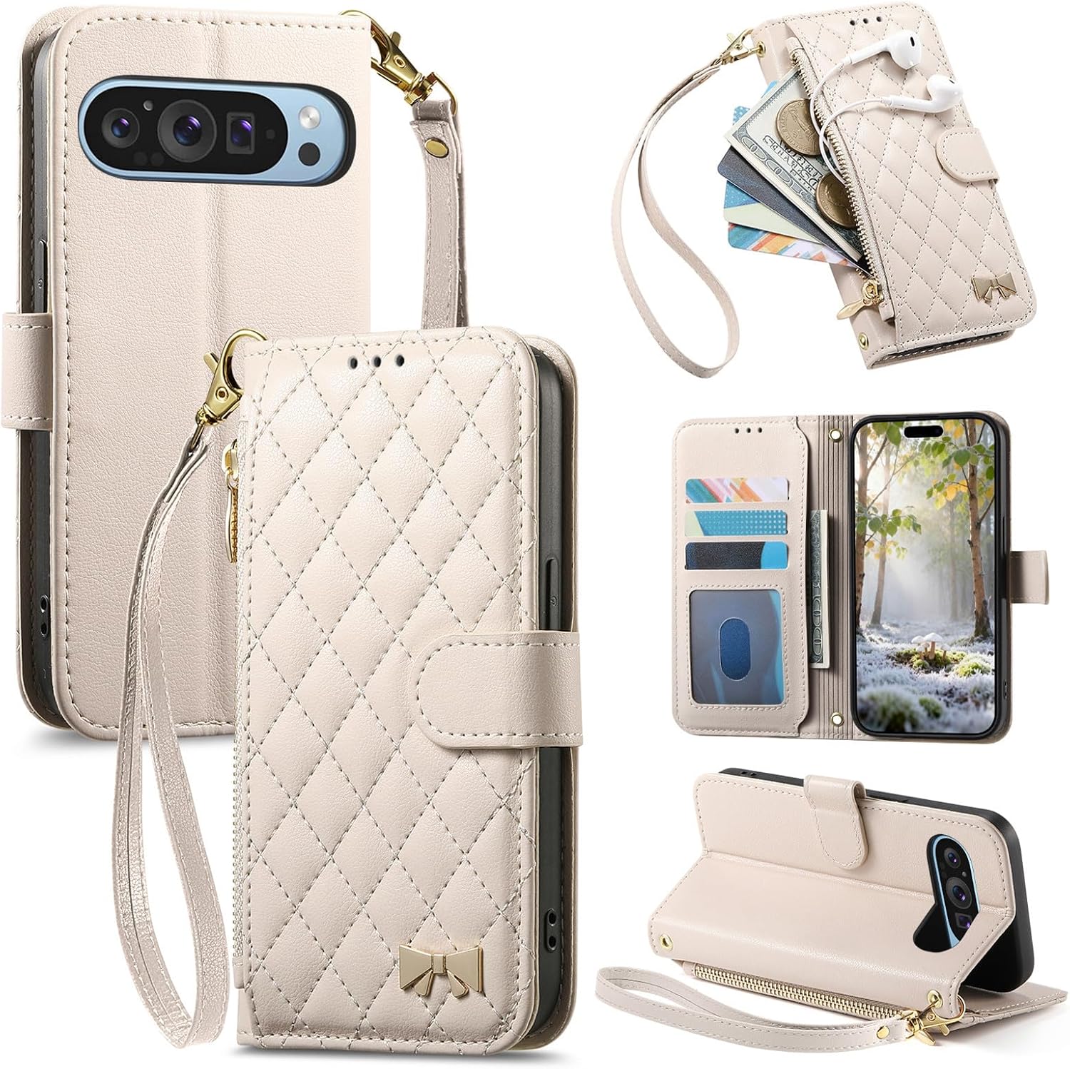 Compatible with Google Pixel 9 Pro XL 5G Compatible with Google Pixel 10 Pro XL 5G Flip Kickstand Zipper Wallet with a Lanyard and Magnetic Closure Phone Case White