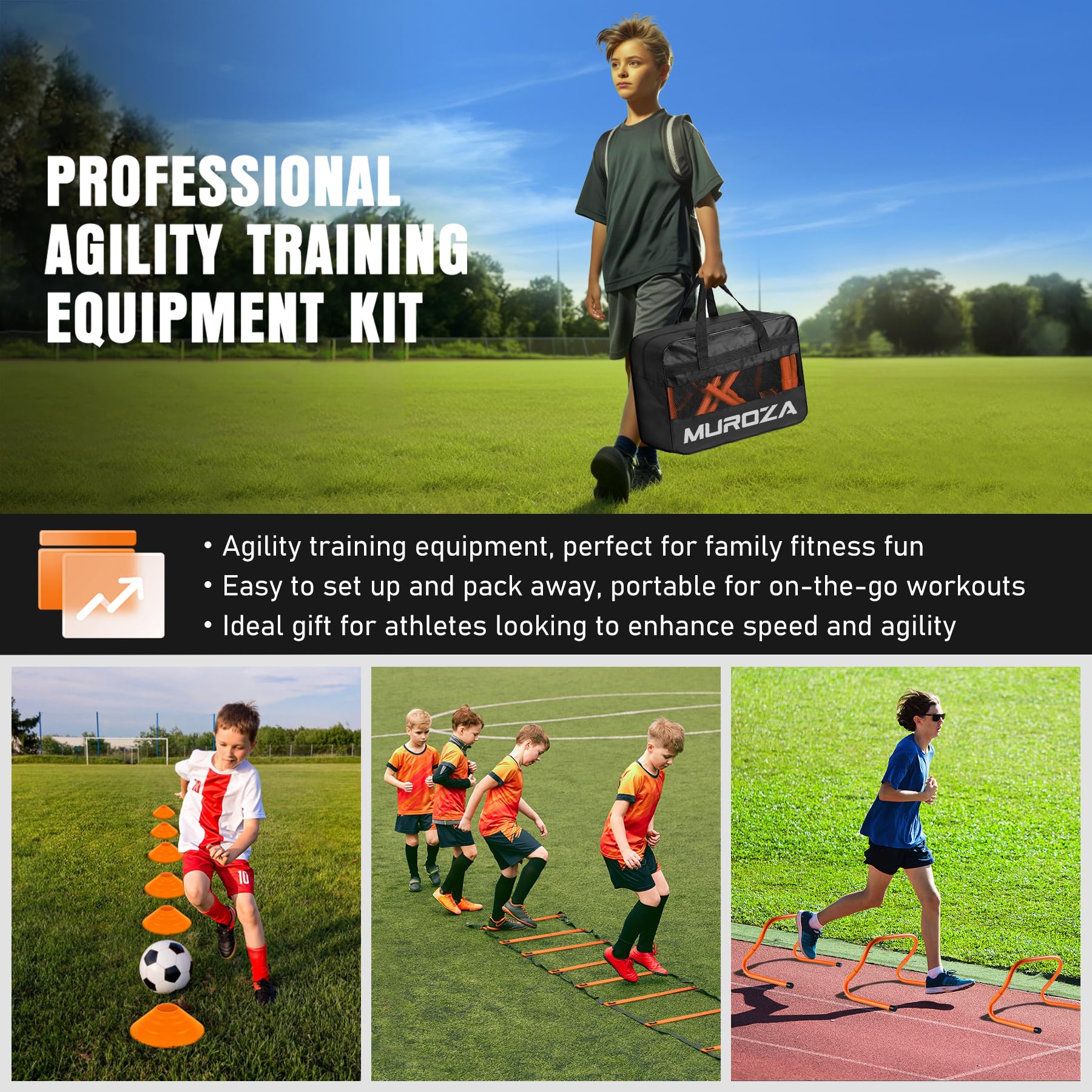 Juego de equipo de entrenamiento de velocidad de 20 pies, 12 conos de fútbol, 4 obstáculos, cuerda de saltar, paracaídas para correr, equipo de entrenamiento de fútbol para niños, jóvenes y adultos