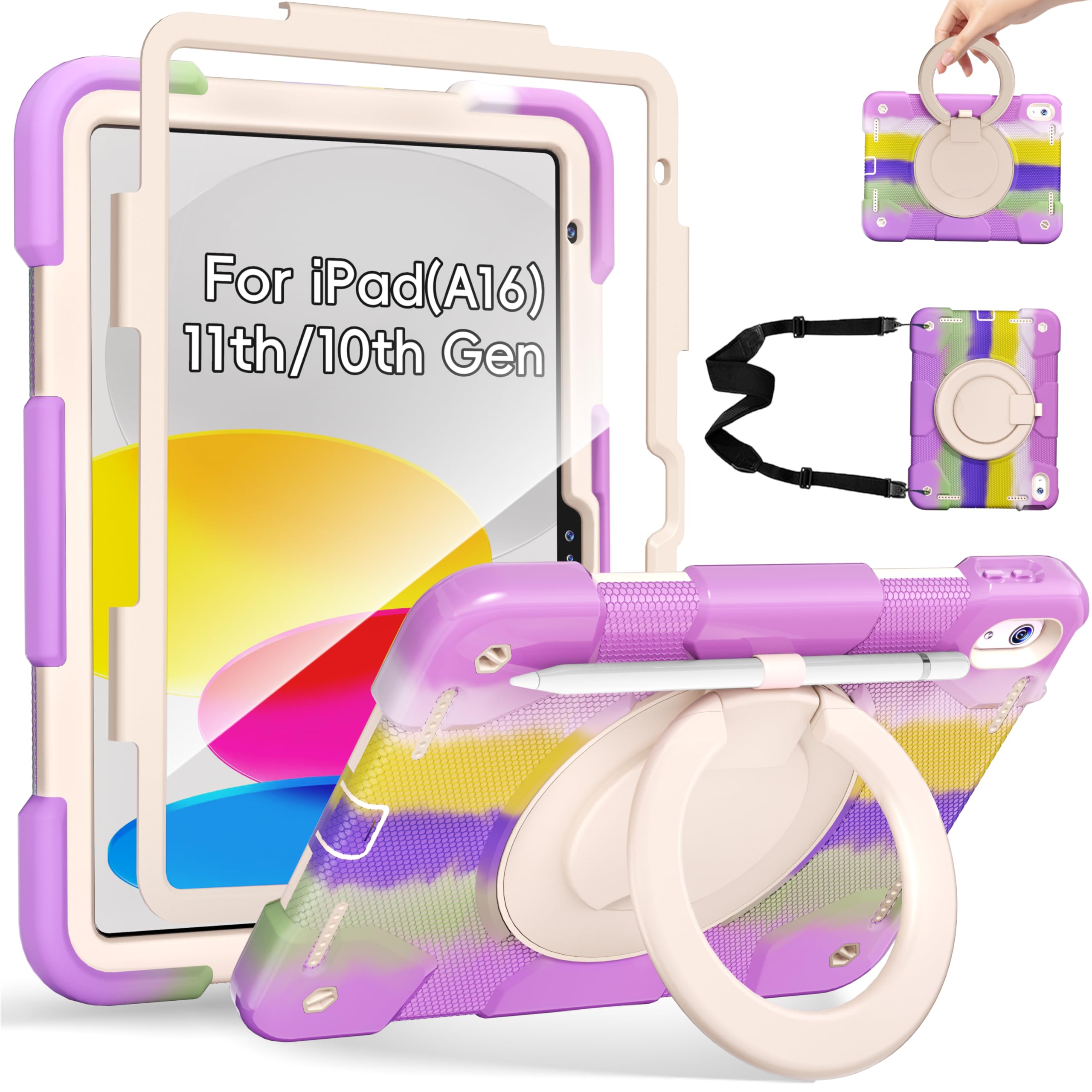 Andnary Case for iPad (A16) 11th Generation 11 inch 2025/10th Generation 10.9 inch 2022, Shockproof Cover with Screen Protector/360° Rotate Handle/