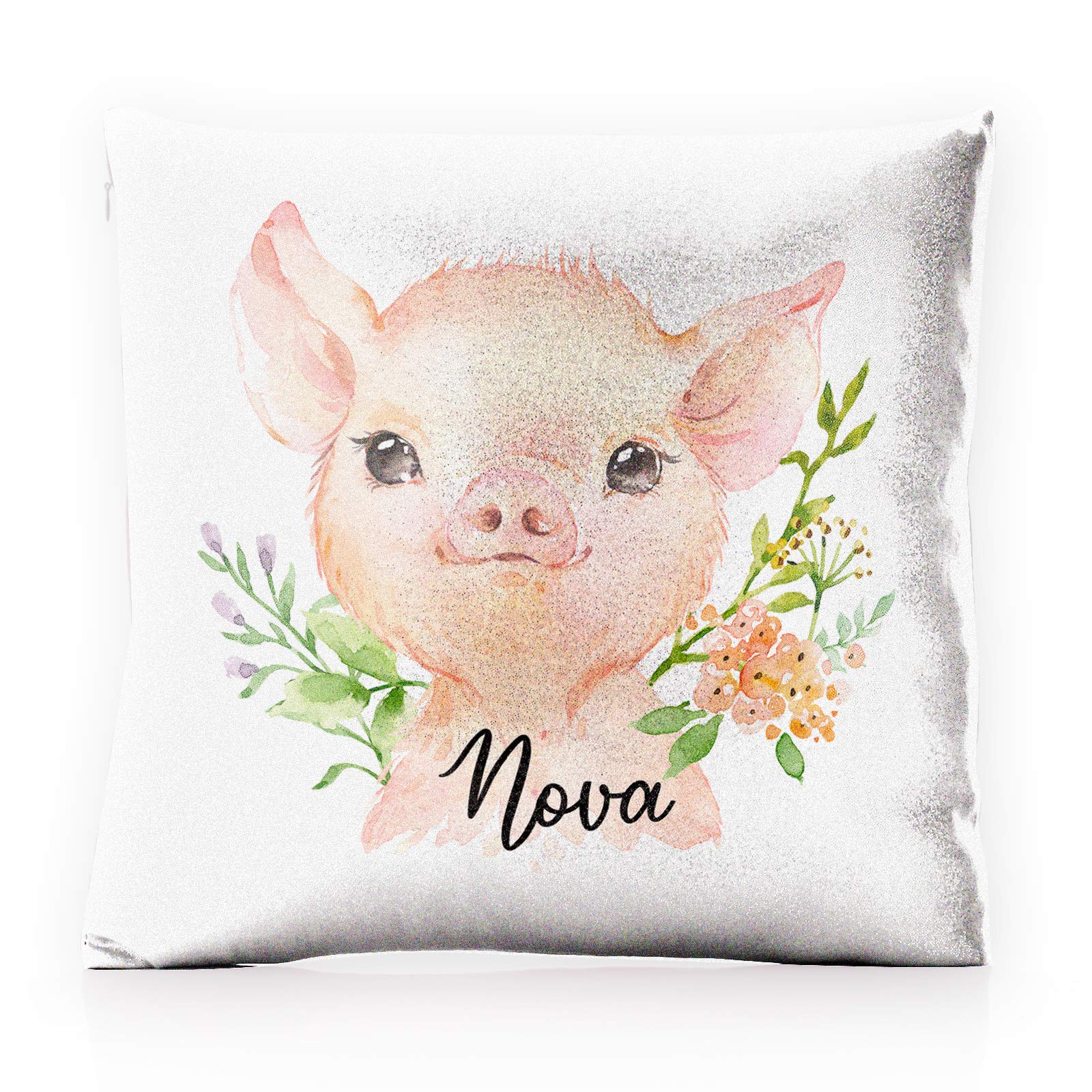 Hairyworm Personalised Cushion Cover with Filling Optional, Pink, Champagne, White Glitter Square Cushion Customised with Initial/Name/Text, Pink Pig Flowers Design โ image 1