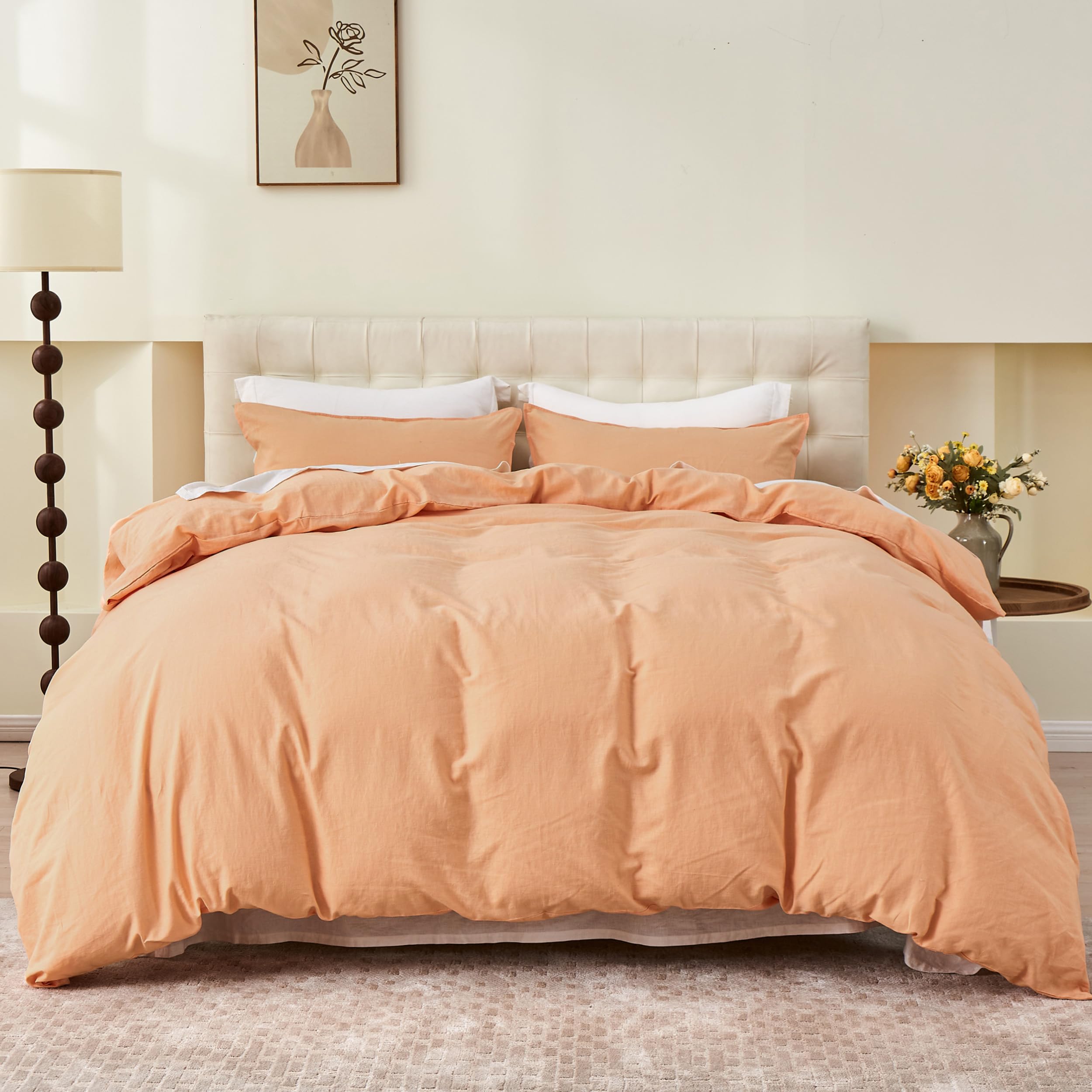 Simple&Opulence King Duvet Cover with 2 Pillowcases,Soft Cotton Linen Duvet Cover,King Size Bedding Set including Button Closure,Hypoallergenic Luxurious Breathable Quilt Cover Set,230x220cm,Peach