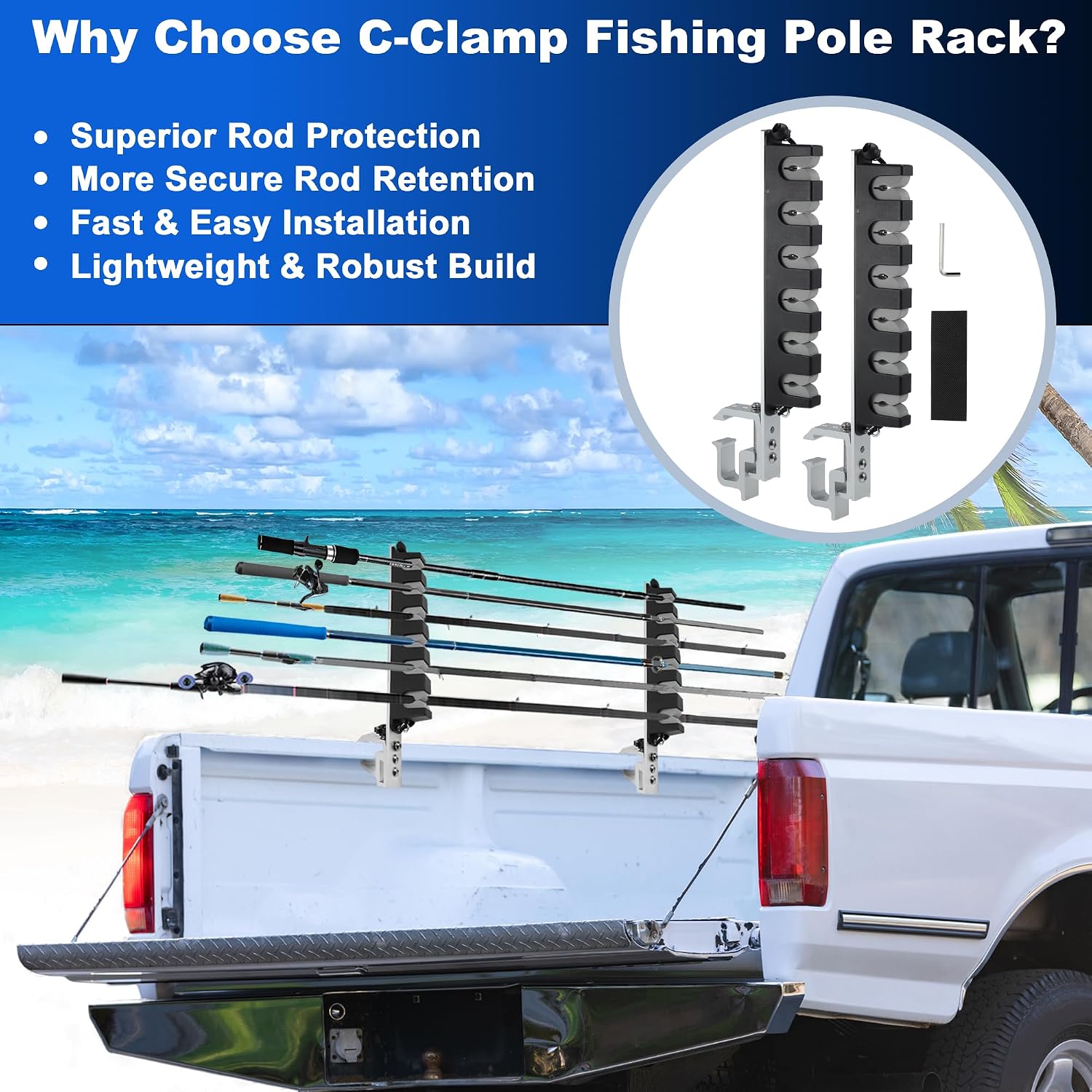2x Aluminum Fishing Rod Holder for Truck Bed, 6 Rods Capacity, Stable C-Clamp Mount, Fishing Pole Storage Rack Holder for Truck Pickup Boat, Horizontally or Vertically Place