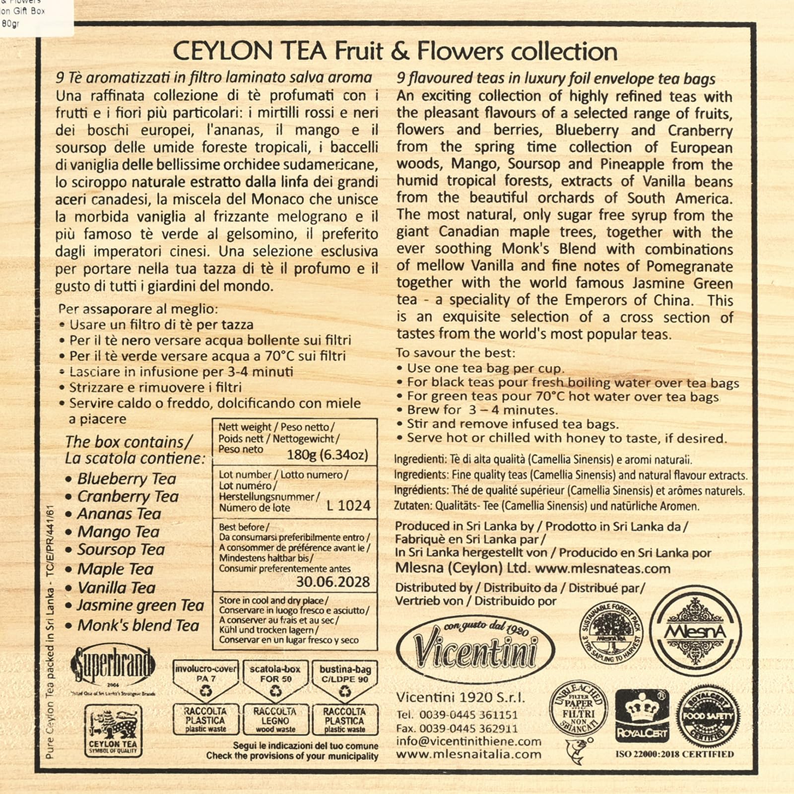 Mlesna Fruit & Flower Collection – 9 Tè Aromatizzati – Scatola in Legno da 90 Filtri