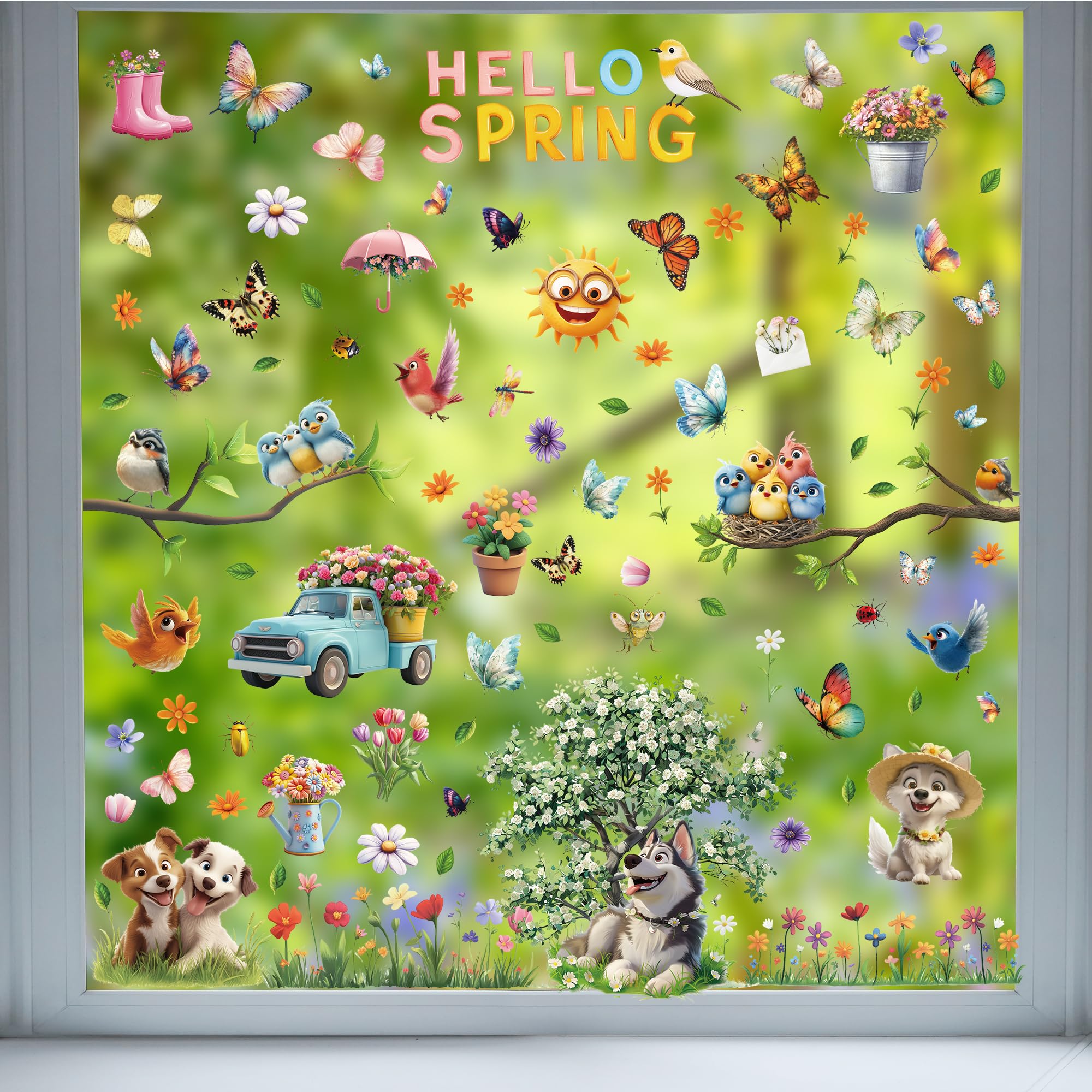 Moxled 9 Blatt Fensterbilder Frühling Selbstklebend - Fensterdeko Frühling Fenstersticker Kleintiere Hund Schmetterlinge Vögel Blumen Fensteraufkleber Wiederverwendbare für Kinderzimmer Sommer Deko