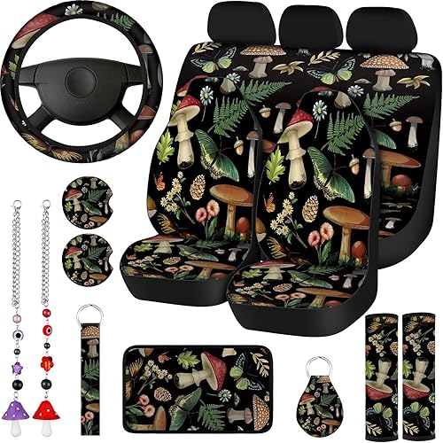 17 Pcs Mushroom Car Seat Covers Mushroom Car Accessories Full Set for Women Men Automotive Rear Front Seat Protector View Mirror Hanging Ornament Steer Wheel Belt Cover (Butterfly Mushrooms)