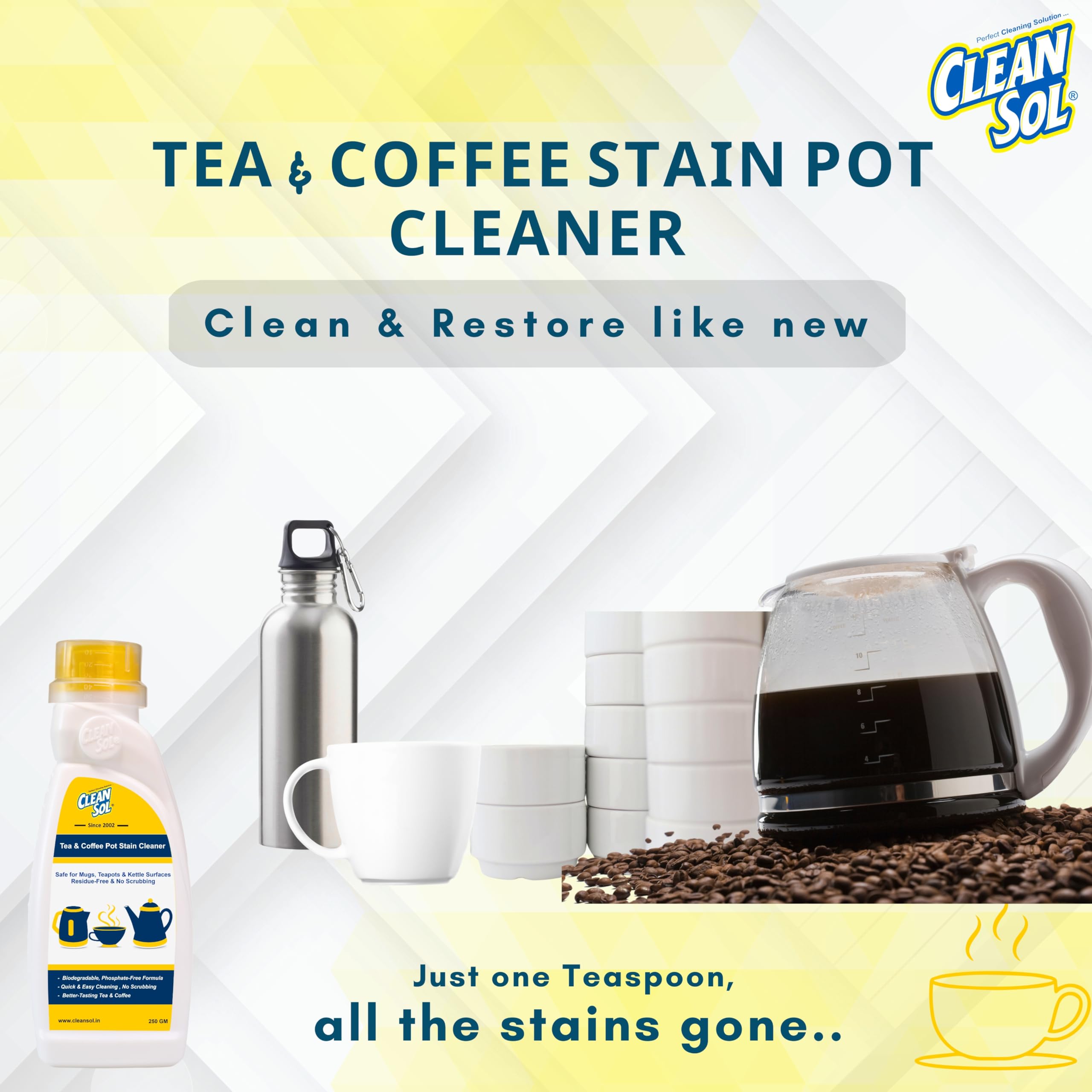 Cleansol Tea & Coffee Pot Stain Cleaner Powder | Safe for Mugs, Teapots & Kettle Surfaces | Residue-Free & No Scrubbing - 250 Gram