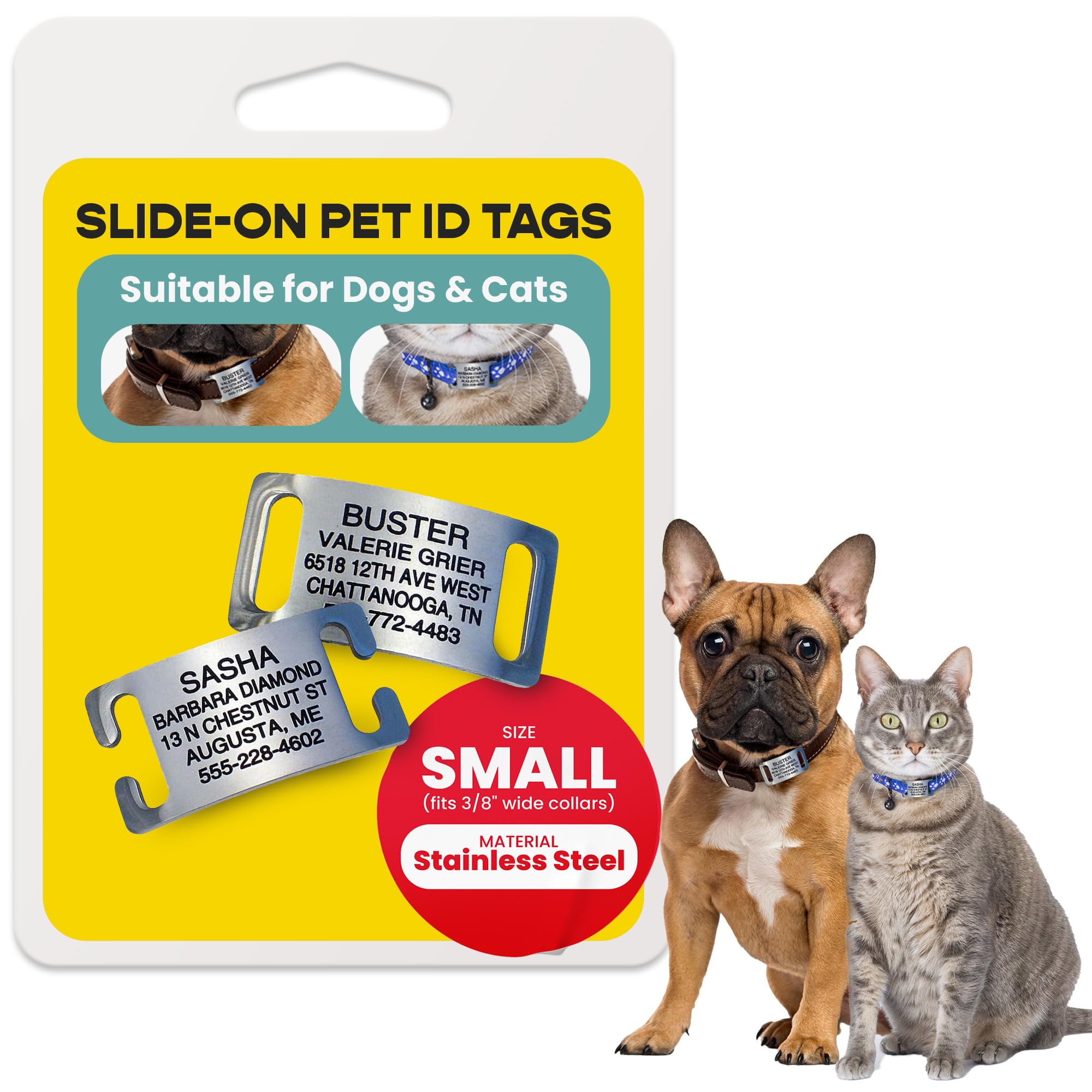 LuckyPet Slide-On Pet ID Tags - Dog Tags Personalized - Durable Engraved Stainless Steel Pet Name Tags - Noiseless Dog Tag - Suitable for Dogs and Cats - Fits 3/8 inch Collars - Small, Open Ends