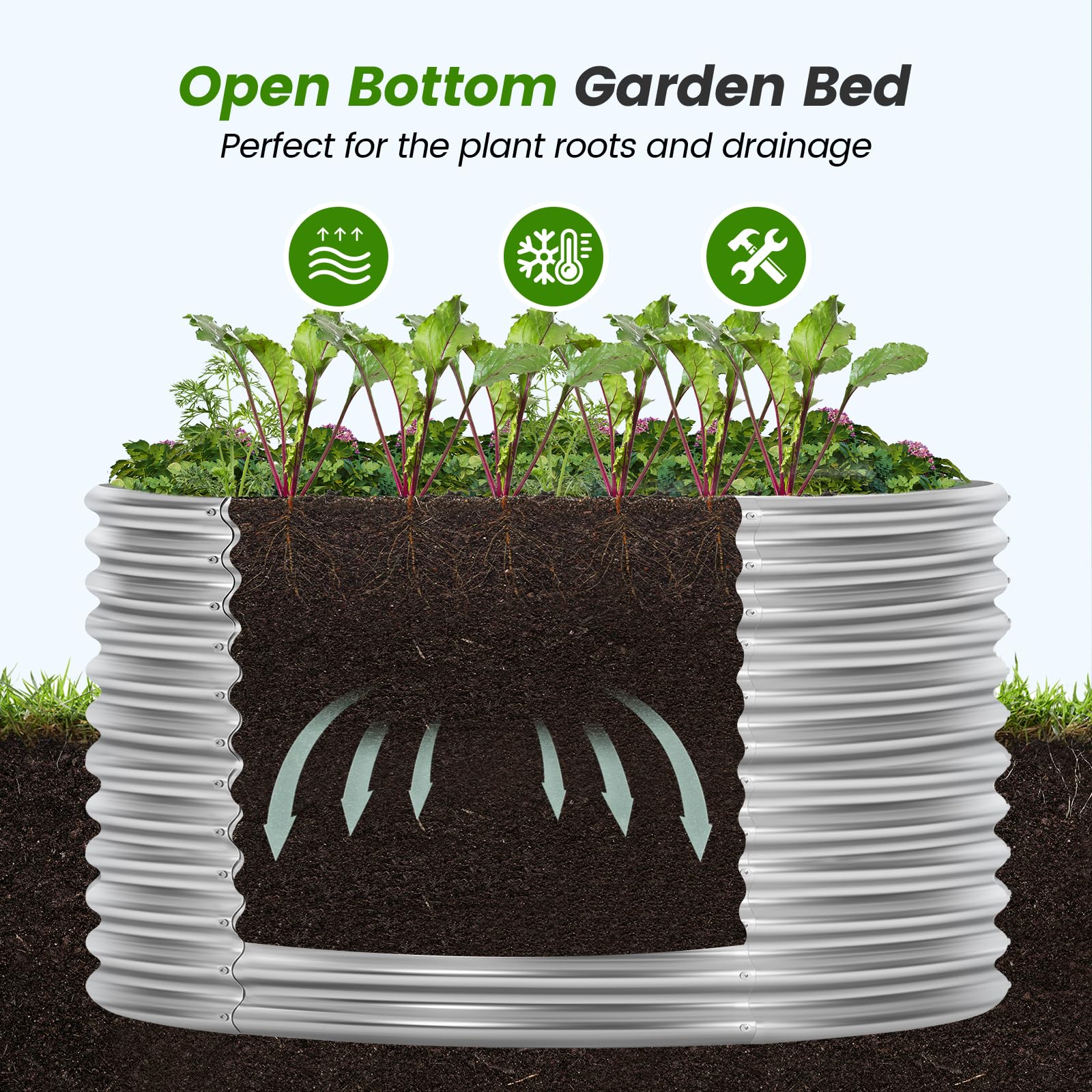 Land Guard Kit per aiuola rialzata zincata, 4 x 10 x 0,9 m, fioriera rotonda galvanizzata per esterni, grandi aiuole rialzate in metallo per verdure, argento