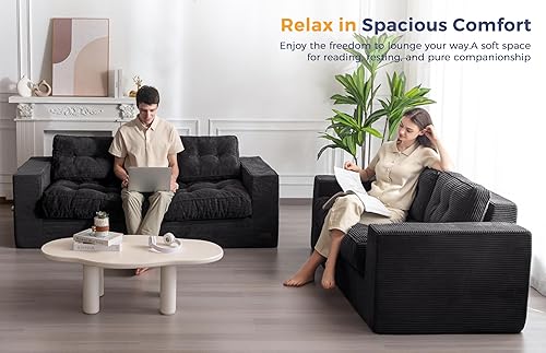Miniatura 7 de MAXYOYO Sofá de 3 plazas para sala de estar, sofá deshuesado con cojín y respaldo copetudos, sofá tapizado, sofá en una caja, color negro