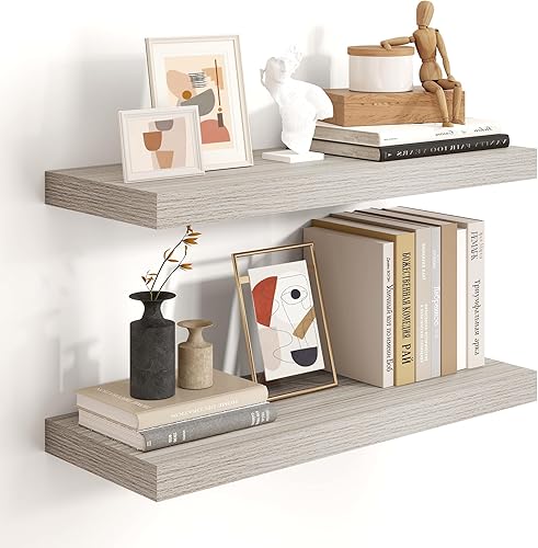 Heimlove Estantes flotantes de 24 pulgadas para pared, estante de baño gris de 9.3 pulgadas de profundidad sobre inodoro, estantes de madera rústica