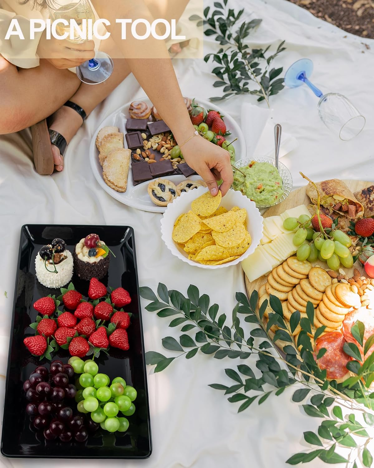 Long Melamine Serving Tray for Appetizer, Charcuterie, Bread, Fruit, Dessert, Stackable, Set of 2, Black, 17.3x8x1.5 inch - Image 6