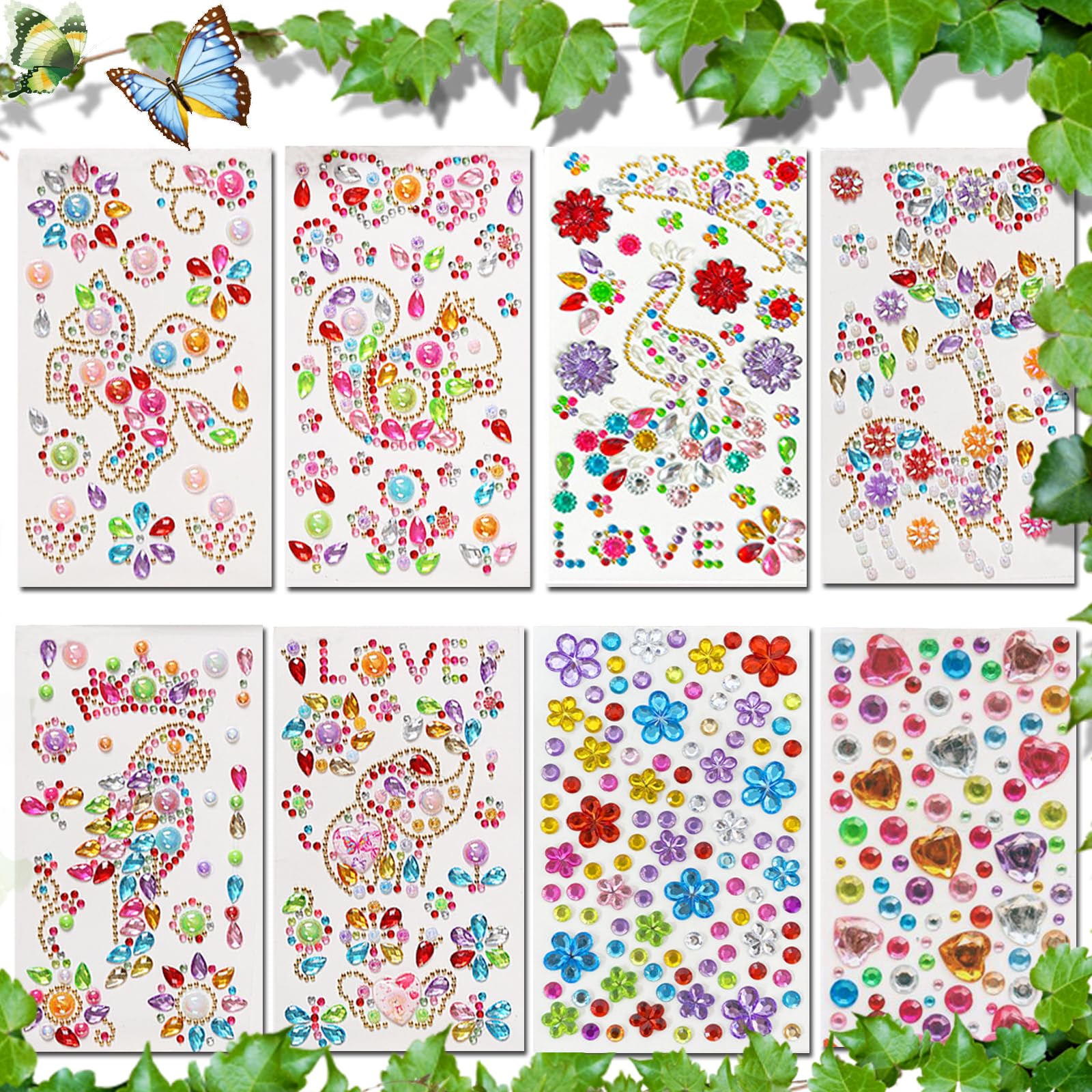 Jewel Gem Sticker Acrylic Phone Sticker Self-Adhesive Crystal Animal Rhinestone Decal Butterfly Parrot Reindeer Squirrel Love for Crafts DIY Water