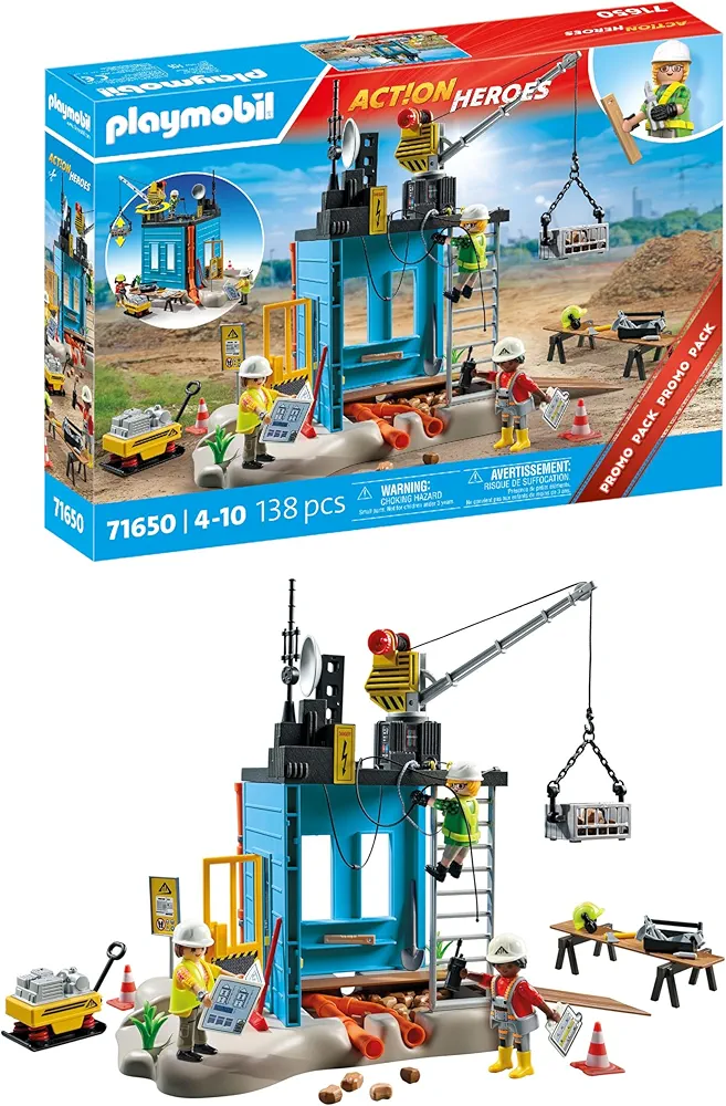 Playmobil 71650 Ouvriers et Chantier - Action Heroes Promo Pack - Comprenant Trois Personnages, Une Grue Mobile et de Nombreux Accessoires supplémentaires - Dès 4 Ans
