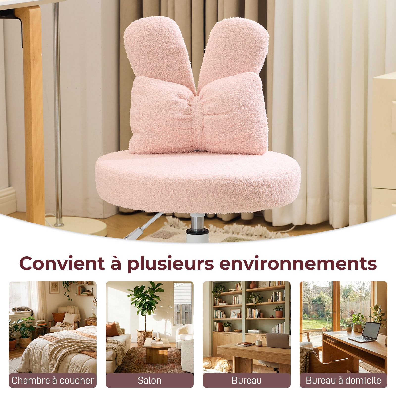 LEADZM Silla giratoria de oficina, silla de oficina infantil, rosa | con cojín lumbar tejido aterciopelado, ajustable en altura, silla de dormitorio