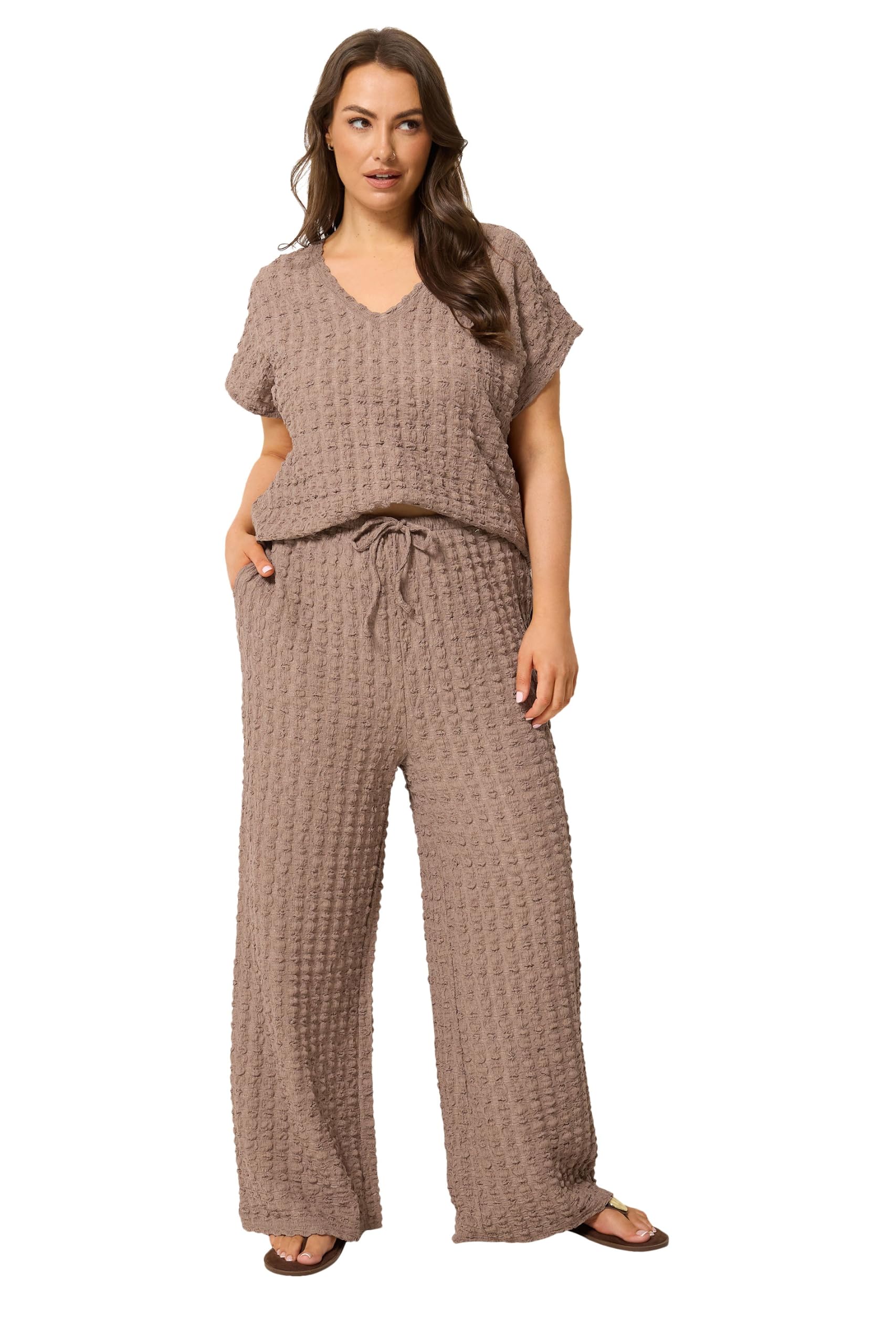 Yours Curve Brown Bubble Textured Wide Leg Trousers - Women's - Plus Size Curve