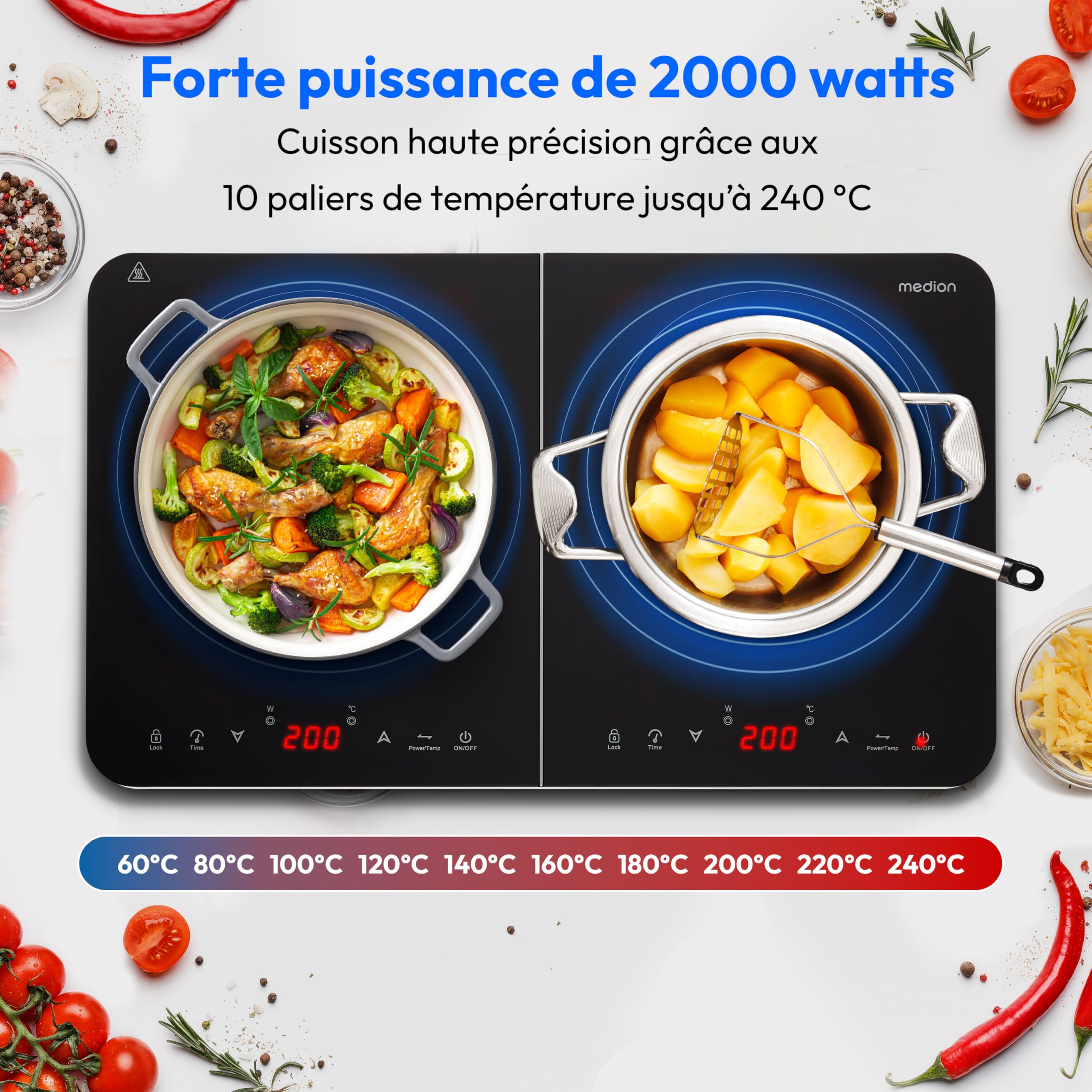 MEDION Plaque induction à 2 foyers 3500 Watt, plaque 2 feux avec 10 niveaux de température, plaque de cuisson double avec écran LED, MD18493, noir