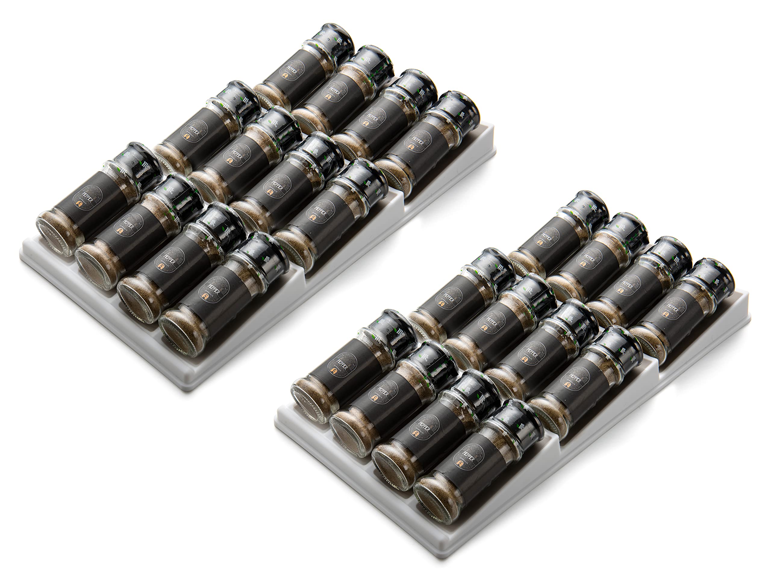 JINAMART Plastic Spice Rack Drawer Organizer for Kitchen Cabinet Drawers - 3 Slanted Tiers for Garlic, Salt, Pepper Spice Jars, Seasonings, Vitamins, Supplements ( Set of 2 )