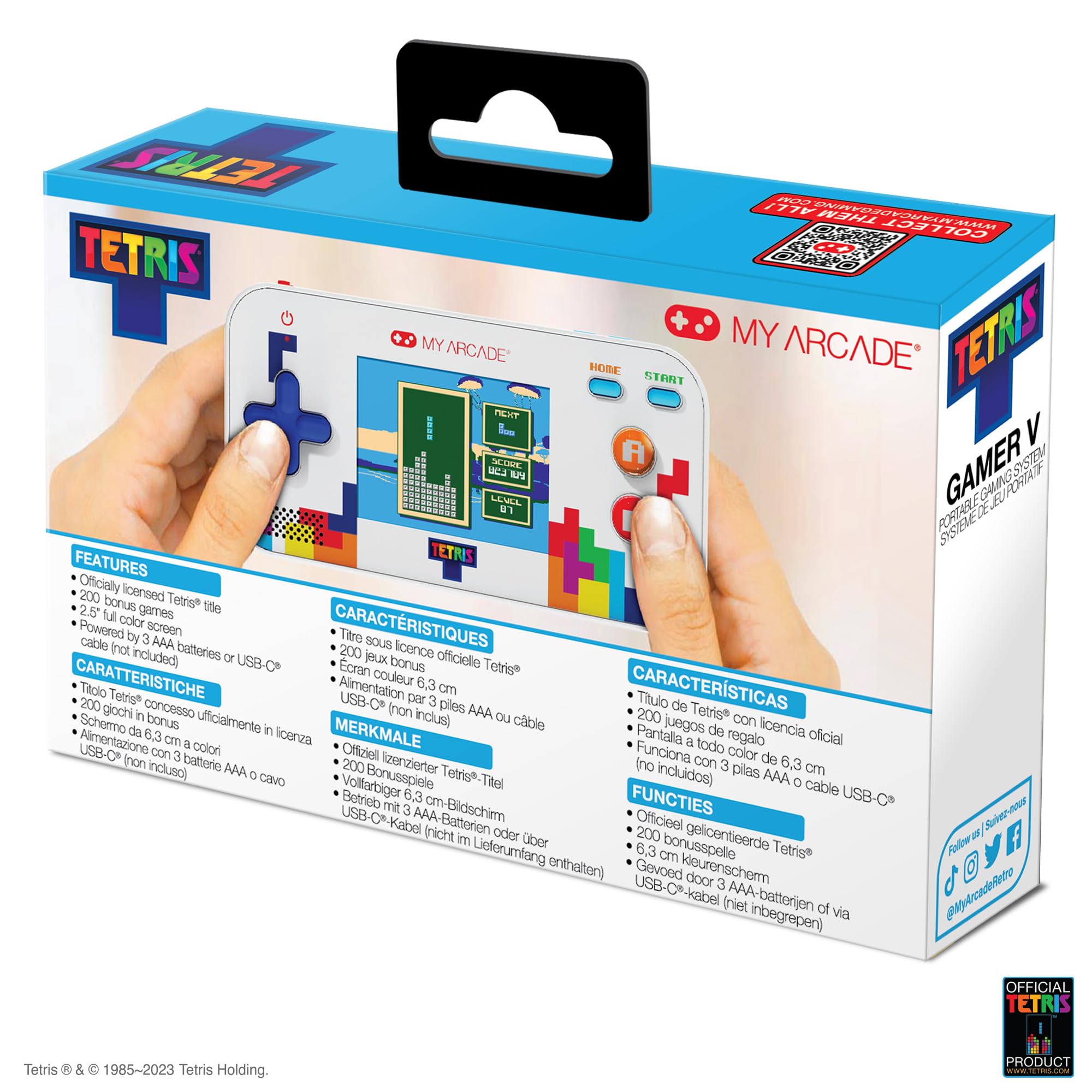 My Arcade Tetris Gamer V: Gry logiczne, oficjalnie licencjonowana przenośna gra ręczna z 201 grami, kolorowy ekran 6.3 cm, rozmiar kieszonkowy