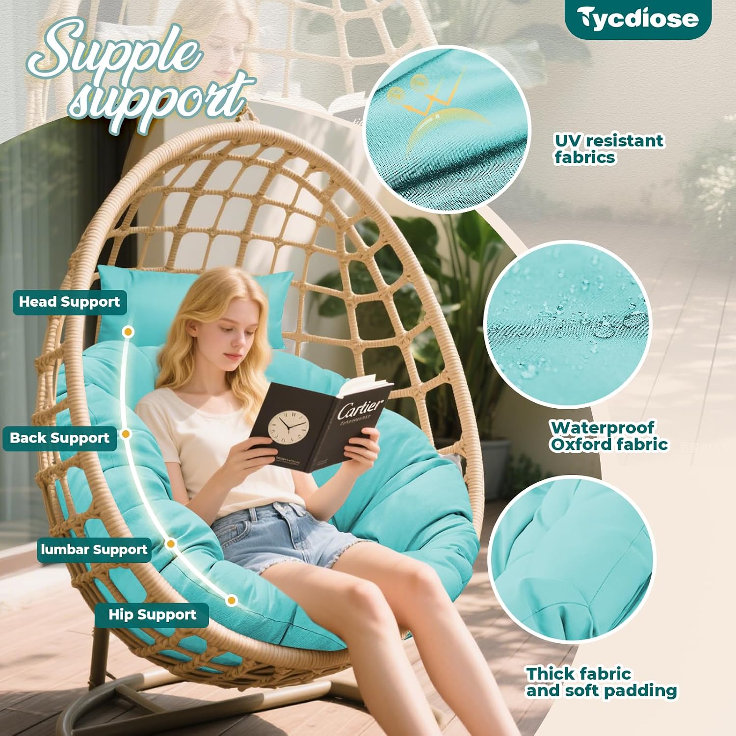 Outdoor Swing Egg Chair Cushion Replacement, Thicken Hanging Basket Egg Chair Cushion Waterproof Papasan Chairs Cushions with Headrest Pillow, Larger Round Cushions for Eggs Chairs (Teal)