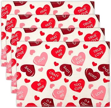 Red Heart Valentines Day Placemats Set of 4 12x18 Inch Red Love Heart Pattern Valentine Table Mats Polyester Dining Mats for Romantic Dinner, Anniversary & Holiday Kitchen Decor