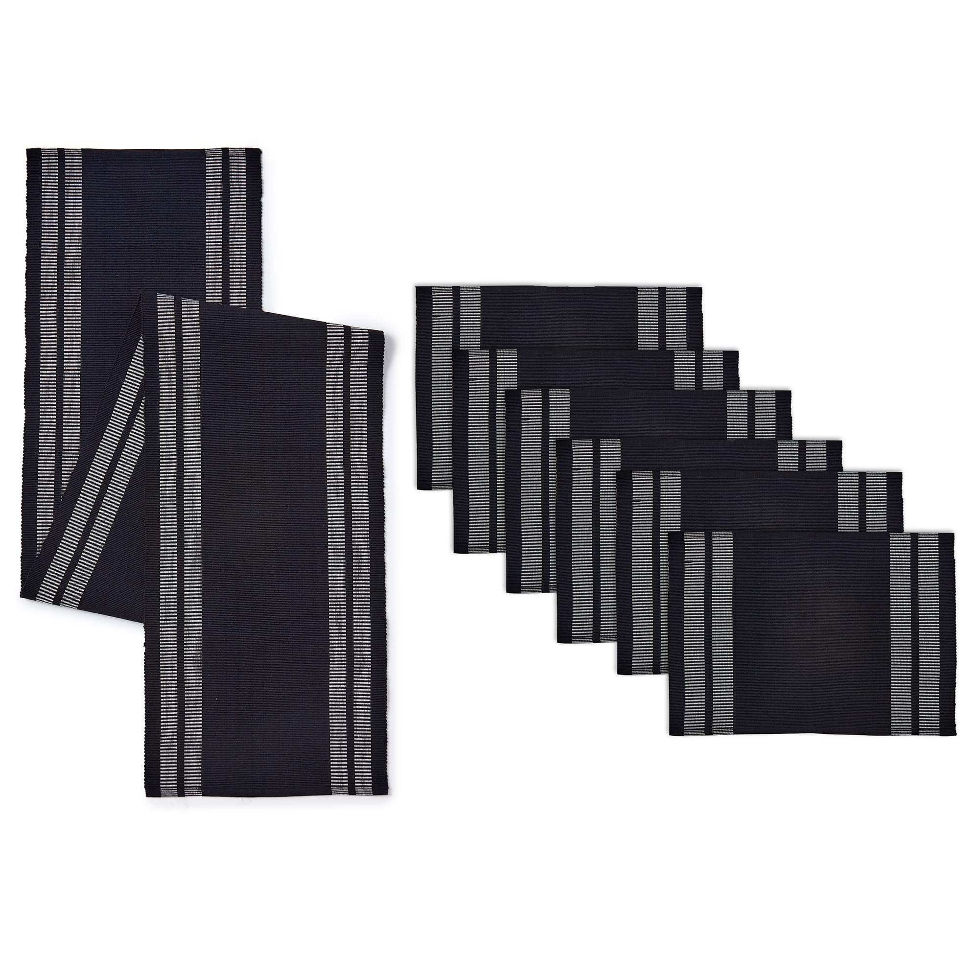 Encasa XO Table Runner and Placemats Set 6 | Fine Ribbed Cotton | Ladder Black | 1 Table Runner Size 13"x72" & Each Table Mat Size 19x13 Inch