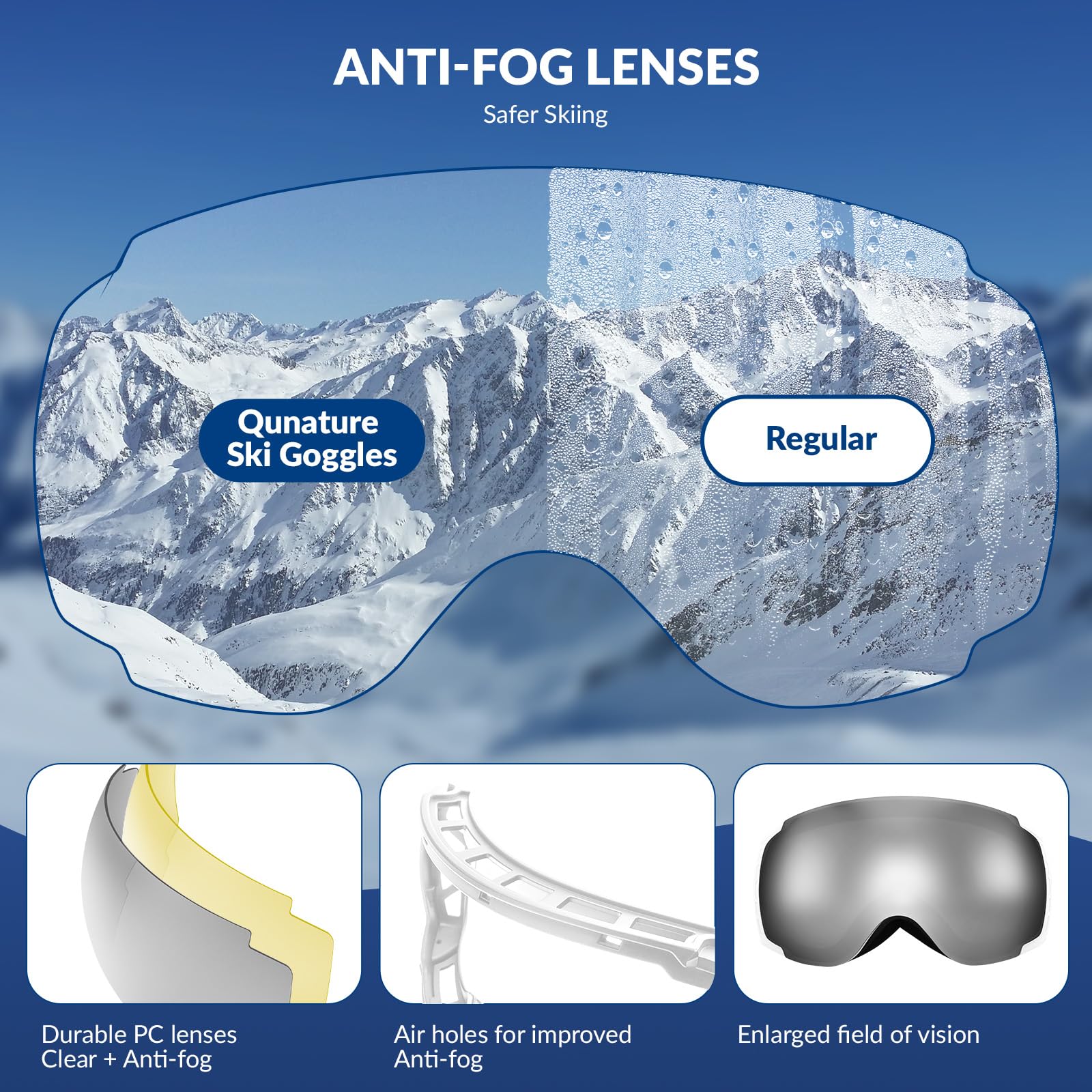 Qunature Lunettes Ski OTG Anti-Buée UV400 Homme Femme Blanc