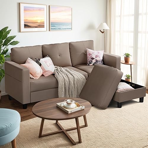 Miniatura 9 de Shintenchi Sofá modular convertible mejorado, sofá en forma de L de 3 plazas con reposabrazos altos, tela de lino, sofá pequeño de mediados de siglo