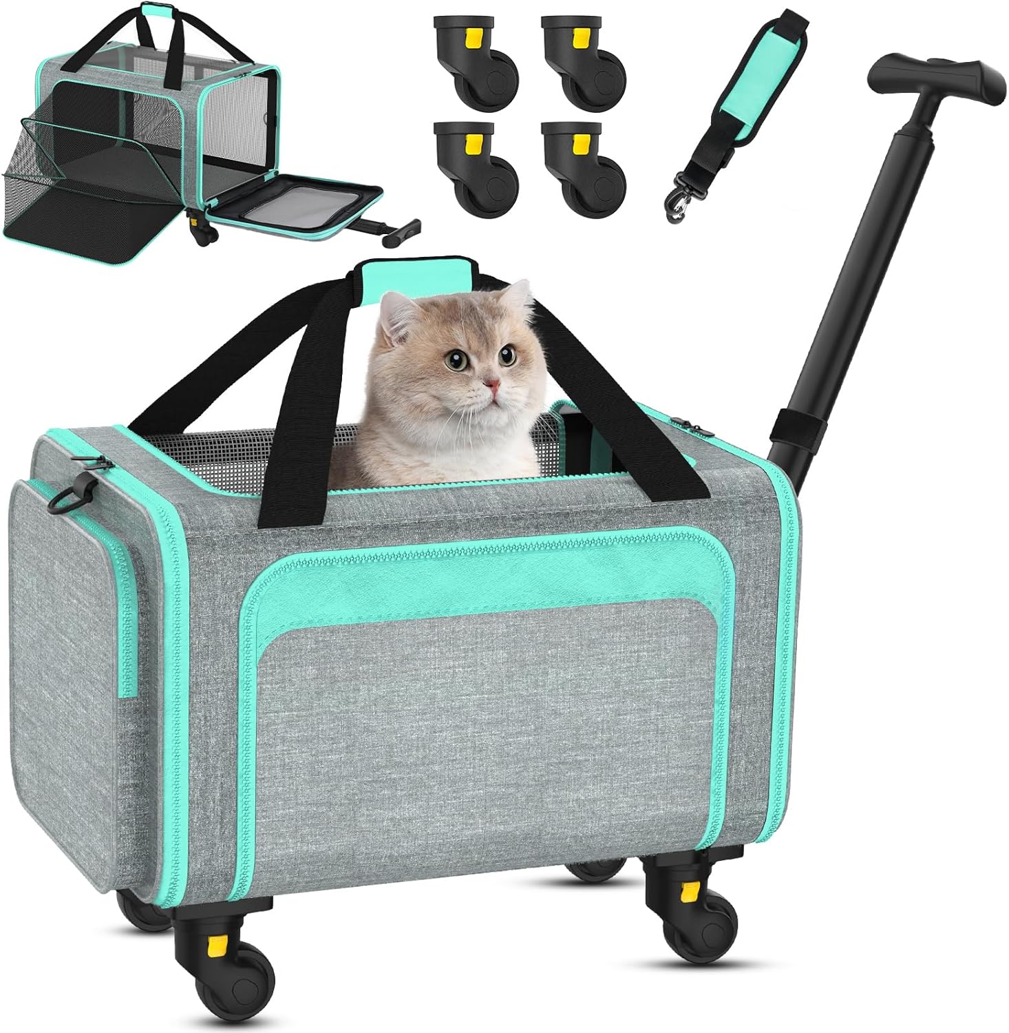 3-in-1 Upgraded Pet Carrier with Wheels, 18″ x 11″ x 11″ TSA Airline Approved, Cat Carrier on Wheels for Small Cats Up to 15Lbs, Rolling Pet Carrier, Cat Soft-Sided Bag for Flying, Travel & Vet 3-in-1 Upgraded Pet Carrier with Wheels, 18″ x 11″ x 11″ TSA Airline Approved, Cat Carrier on Wheels for Small Cats Up to 15Lbs, Rolling Pet Carrier, Cat Soft-Sided Bag for Flying, Travel & Vet