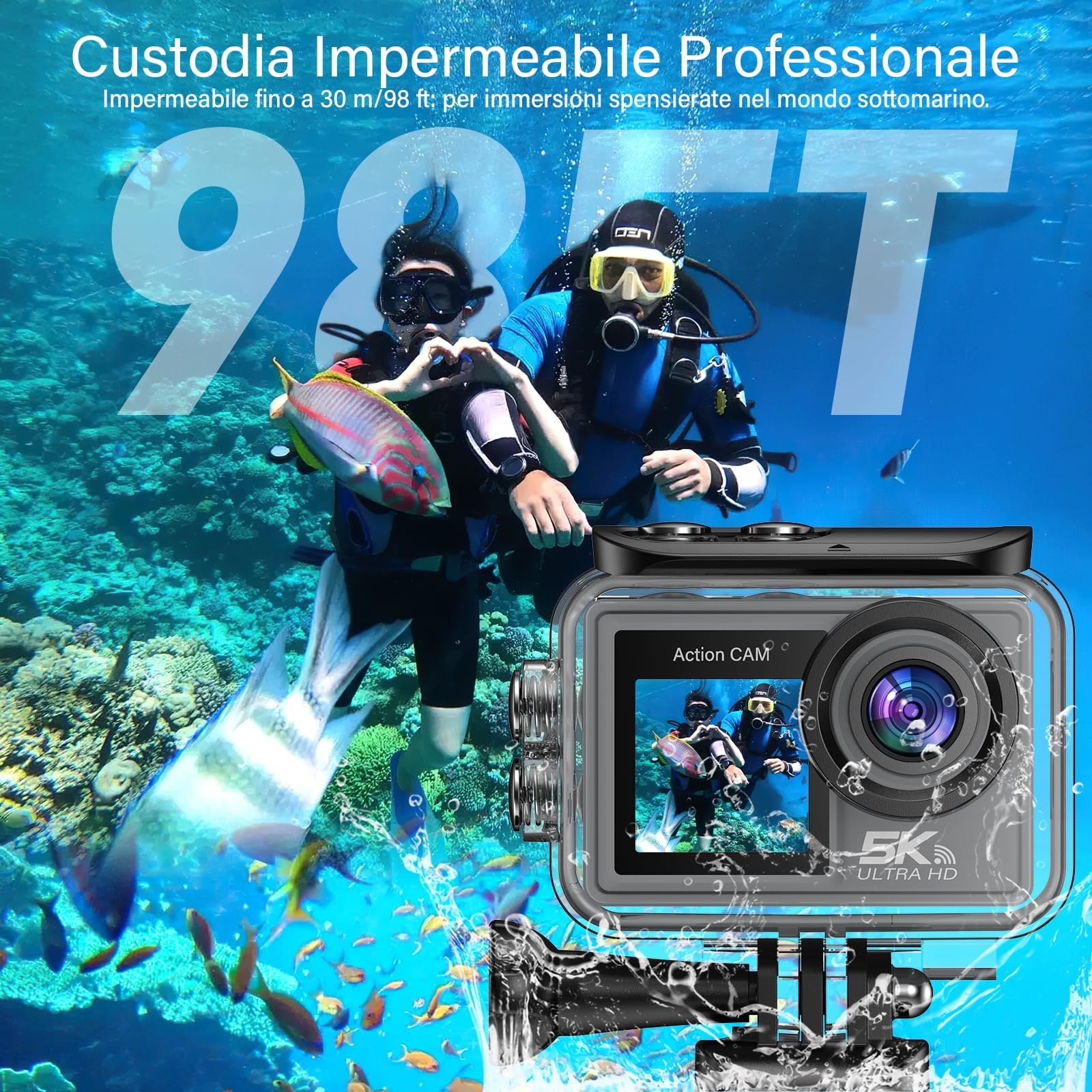 Action Cam 5K/4K 60FPS, 50MP Unterwasserkamera 30M wasserdichte Action Kamera mit 64GB SD Karte, EIS, Dual Screen, WiFi, 170° Ultra-Weitwinkel, Helmkamera für Motorrad, Schnorcheln, Fahrrad